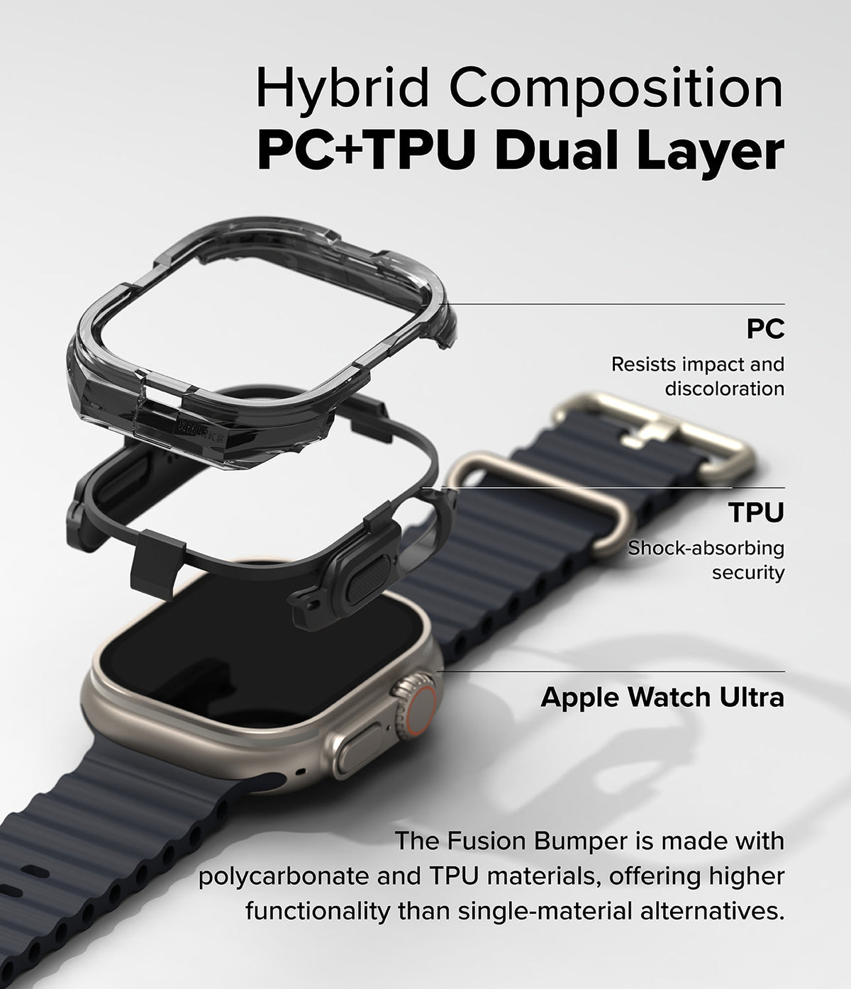 Apple Watch Ultra 3 / 2 / 1 Case | Fusion Bumper - Exploded view of a dual-layer PC and TPU bumper case for Apple Watch.