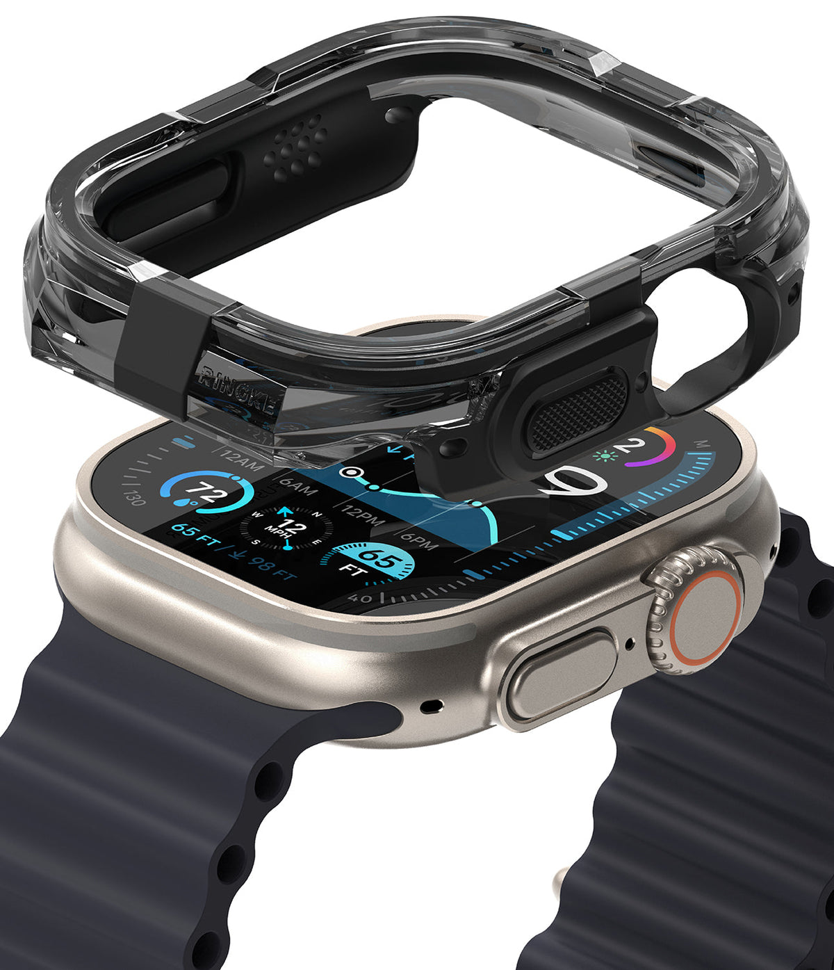 Apple Watch Ultra 3 / 2 / 1 Case | Fusion Bumper - A transparent black protective bumper hovering above an Apple Watch.