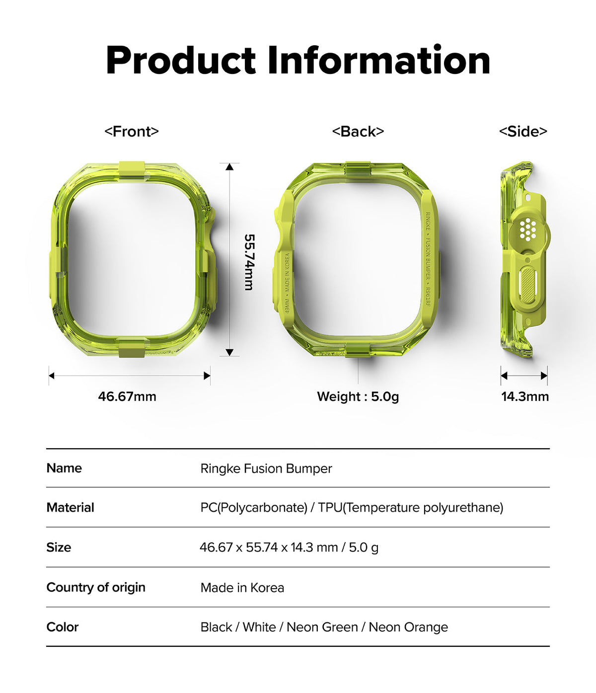 Apple Watch Ultra 3 / 2 / 1 Case | Fusion Bumper - Apple Watch Ultra Fusion Bumper - Technical diagram showing front, back, and side views with dimensions and specifications.