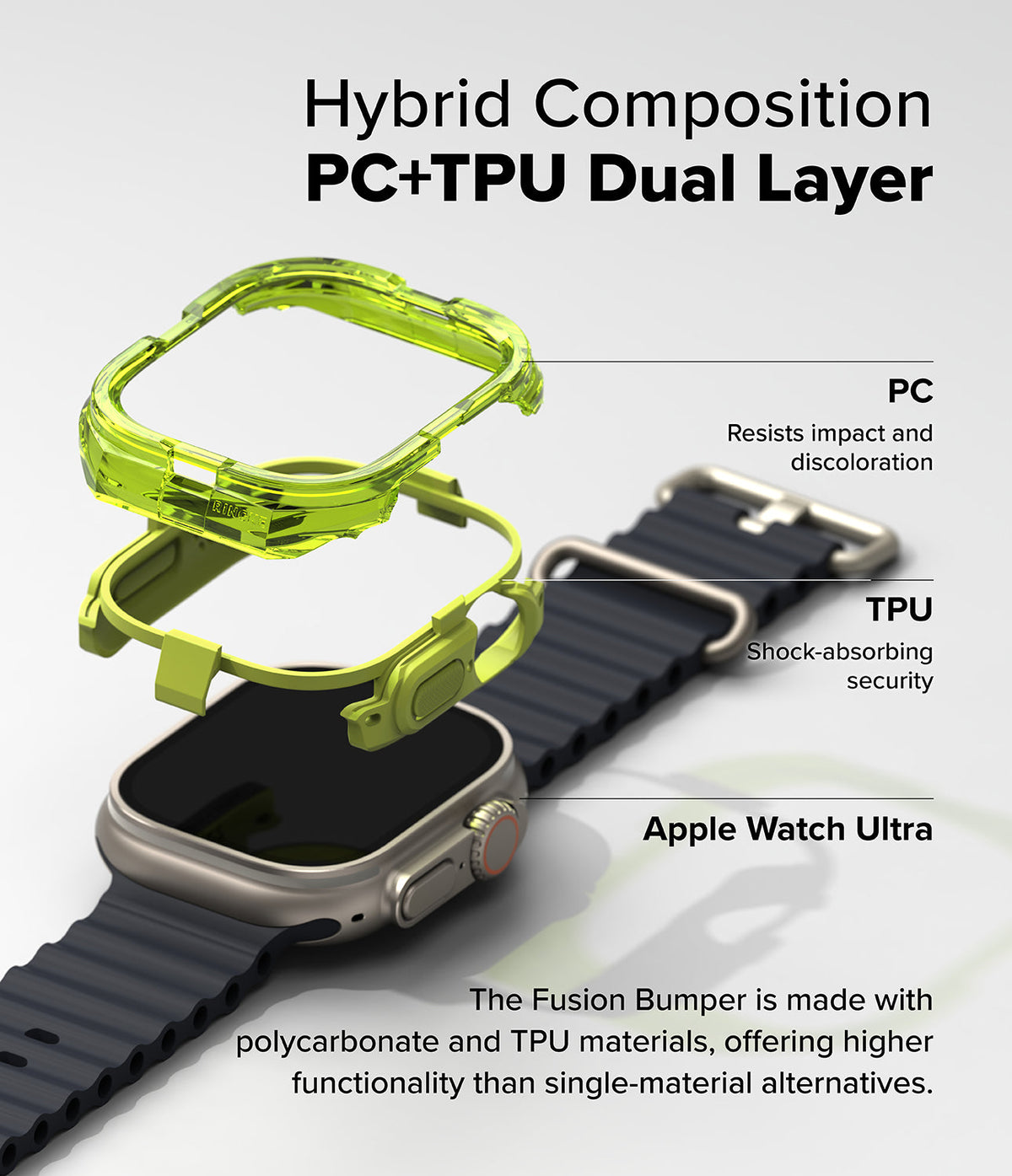 Apple Watch Ultra 3 / 2 / 1 Case | Fusion Bumper - Exploded view of a neon green dual-layer bumper case for Apple Watch.