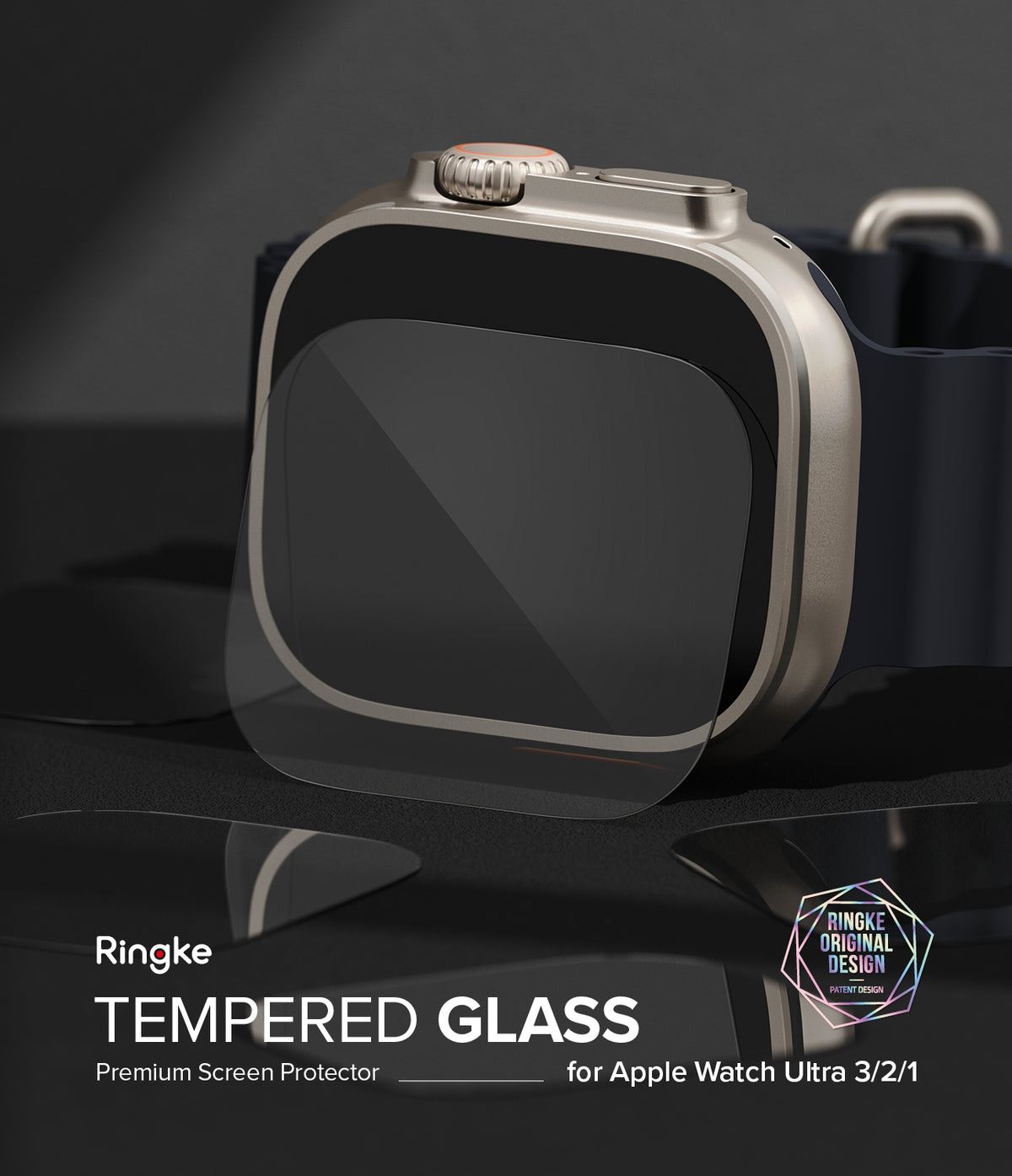 Apple Watch Ultra 3 / 2 / 1 Screen Protector | Glass - Apple Watch Ultra 3 / 2 / 1 Screen Protector - Tempered glass film hovering over an Apple Watch Ultra screen.