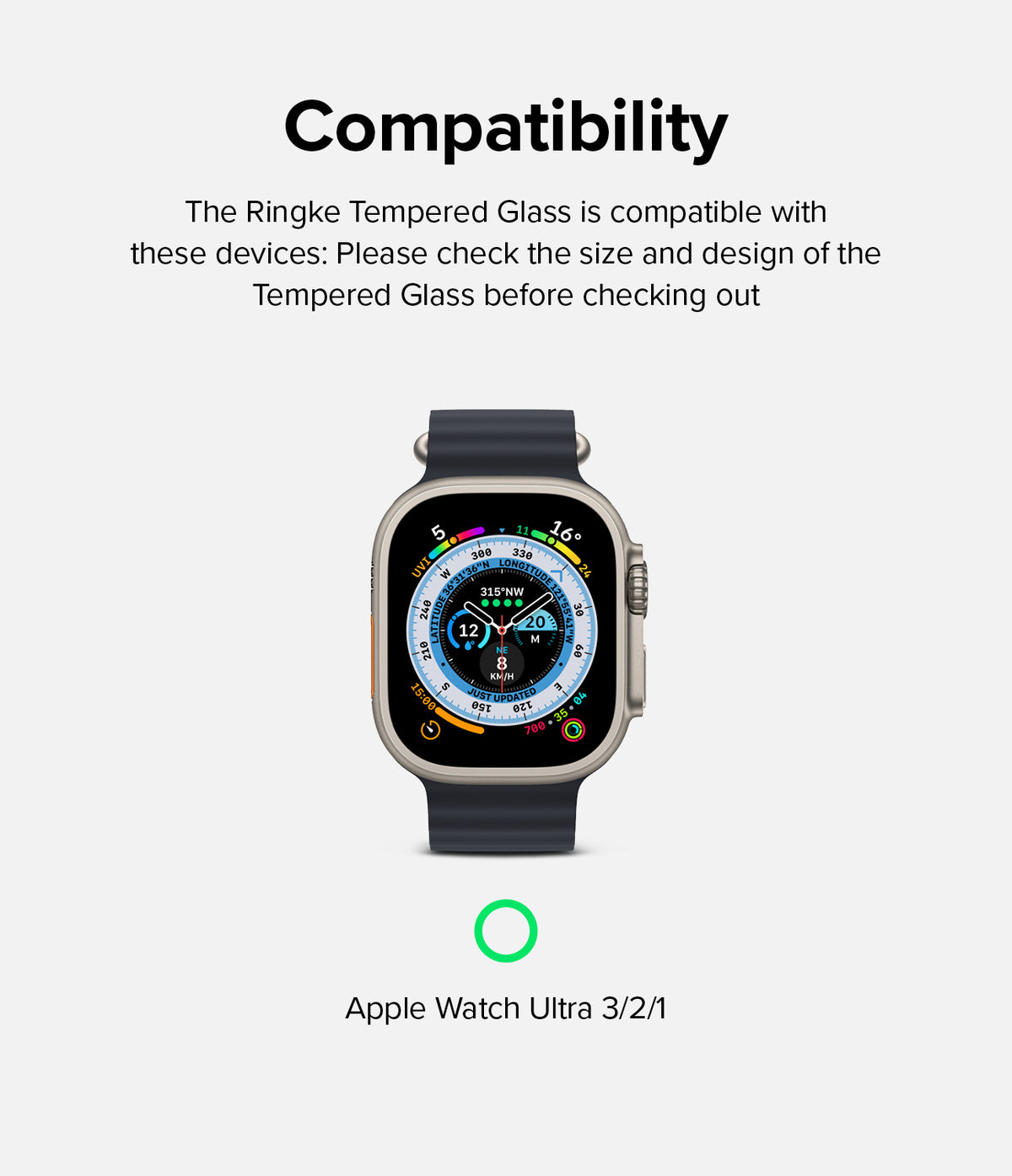 Apple Watch Ultra 3 / 2 / 1 Screen Protector | Glass - Apple Watch Ultra 3 / 2 / 1 Screen Protector - Apple Watch Ultra with a colorful watch face and a green checkmark icon.