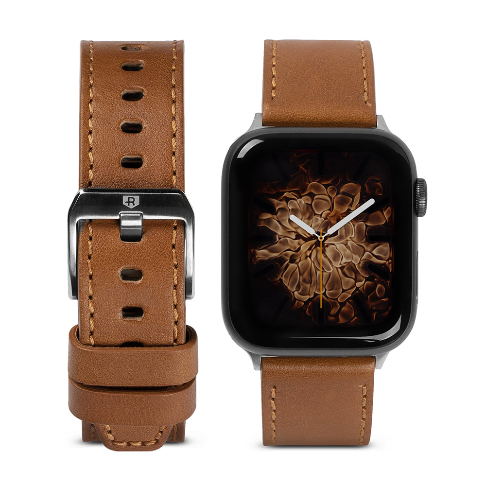 Apple Watch 42·41·40·38 mm | Leather One Classic Band - Brown leather watch band with silver buckle next to Apple Watch.