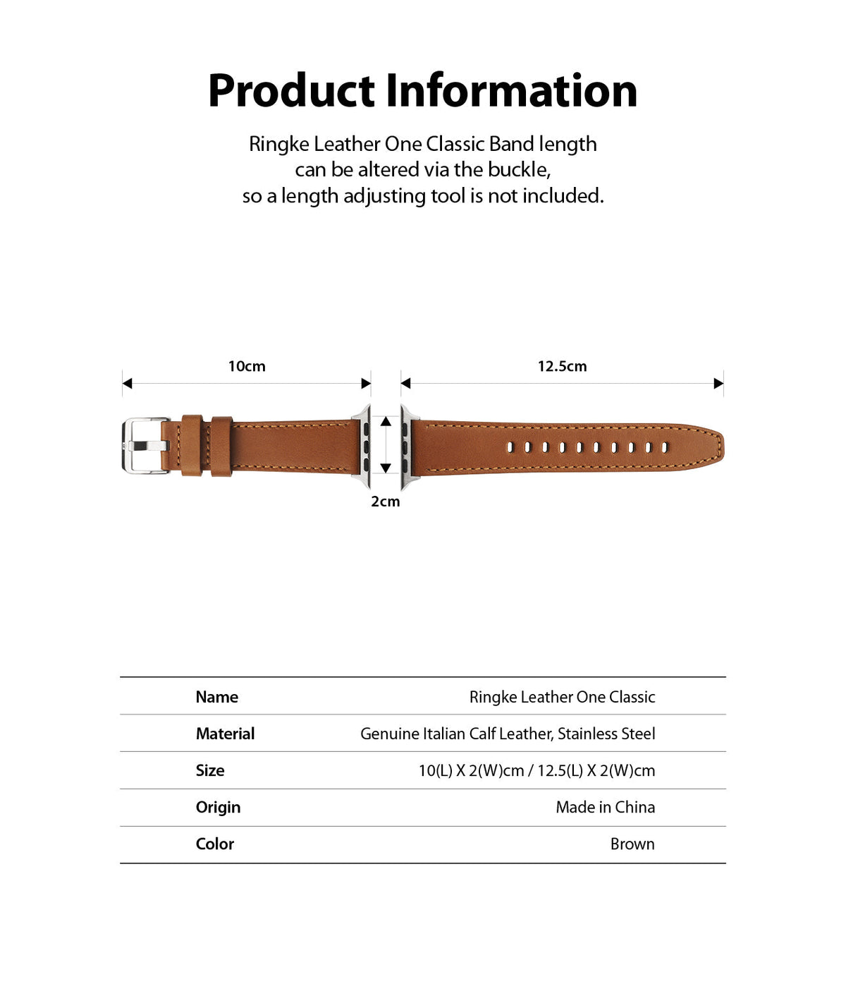 Apple Watch 42·41·40·38 mm | Leather One Classic Band - Apple Watch Leather One Classic Band - Diagram showing brown leather watch strap dimensions and product specifications.