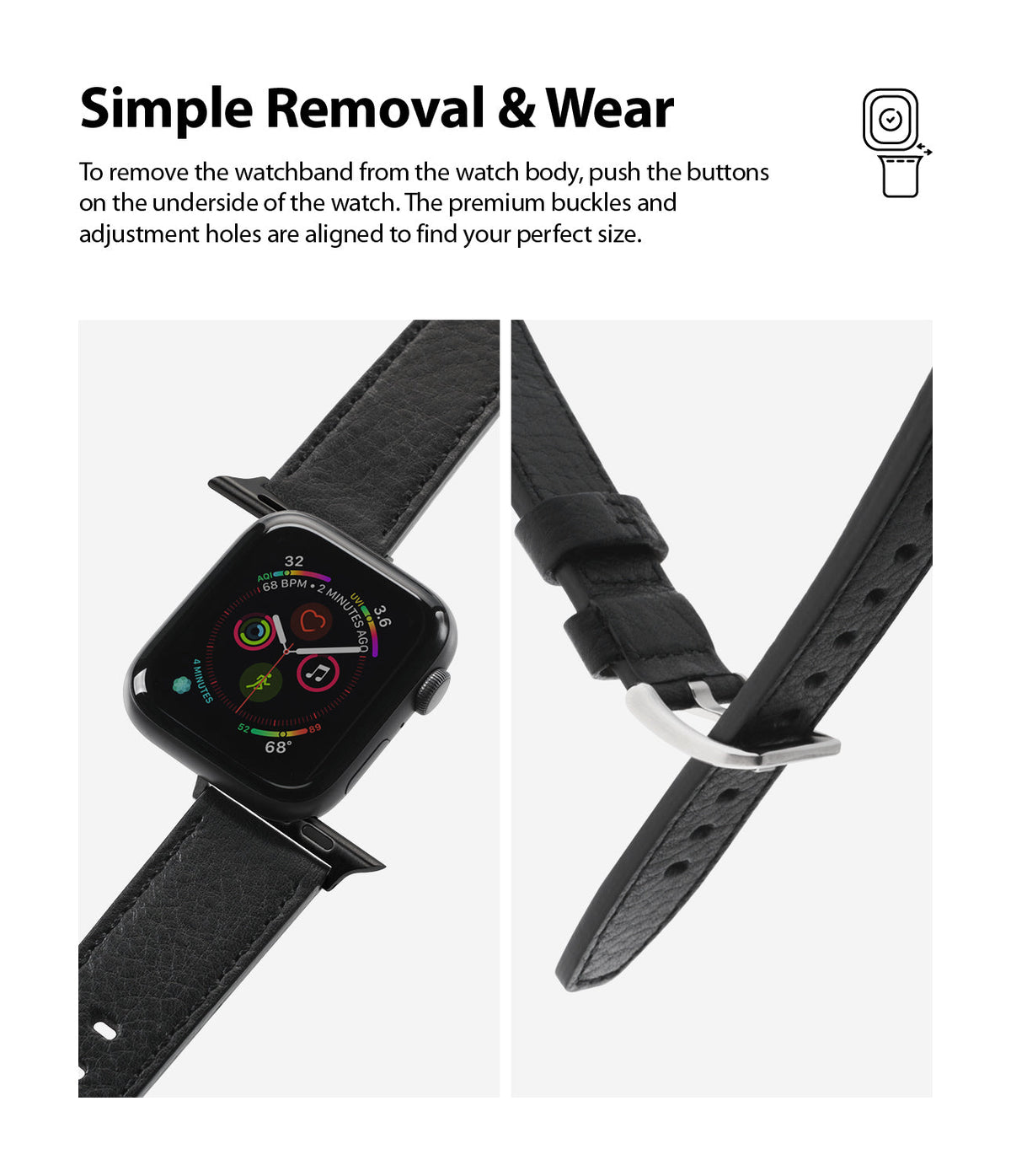 Apple Watch 49·46·45·44·42 mm | Leather One Classic Band - Black leather watch band attached to an Apple Watch and buckle.