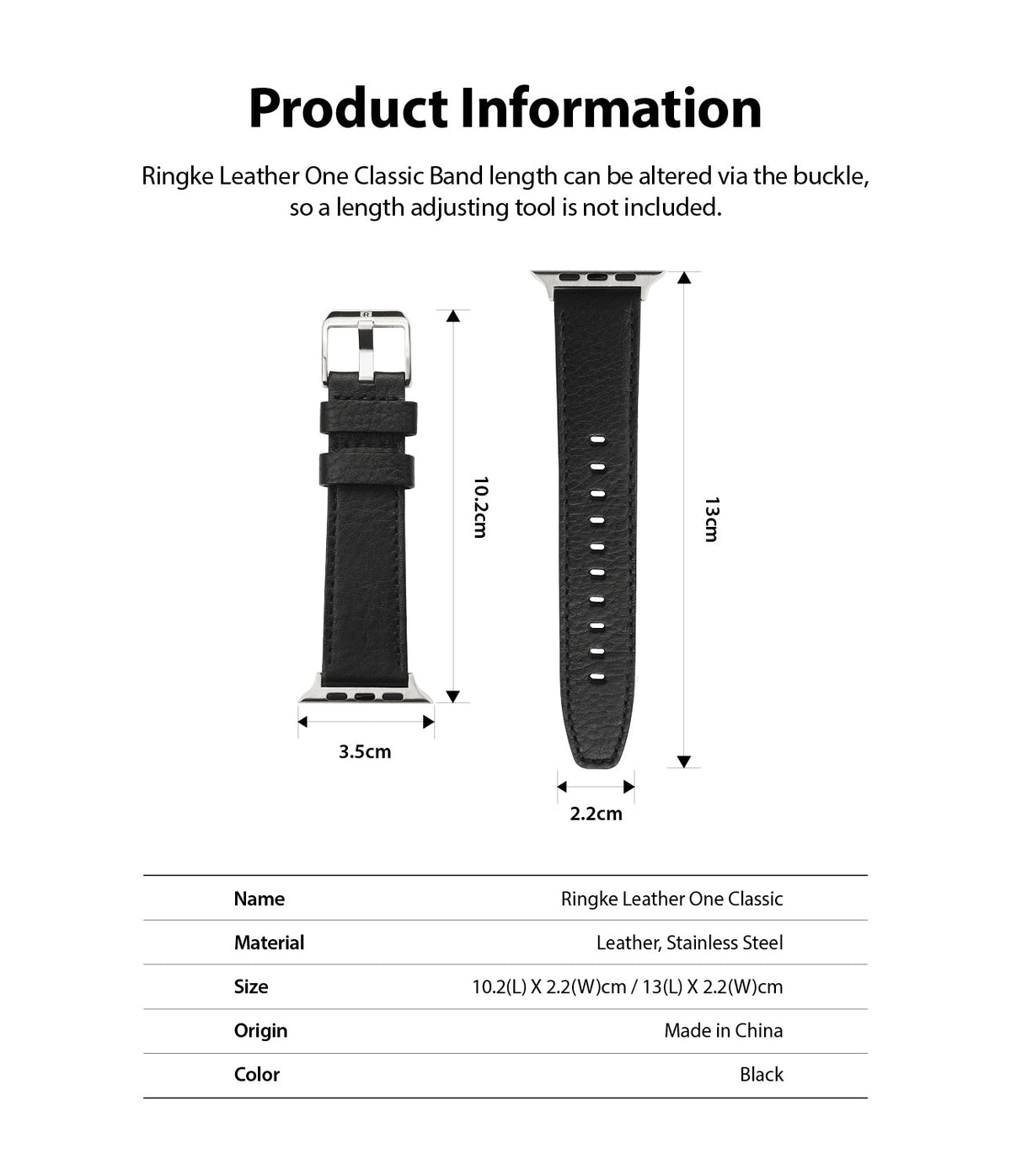 Apple Watch 49·46·45·44·42 mm | Leather One Classic Band - Technical diagram showing dimensions of a black leather watch band.
