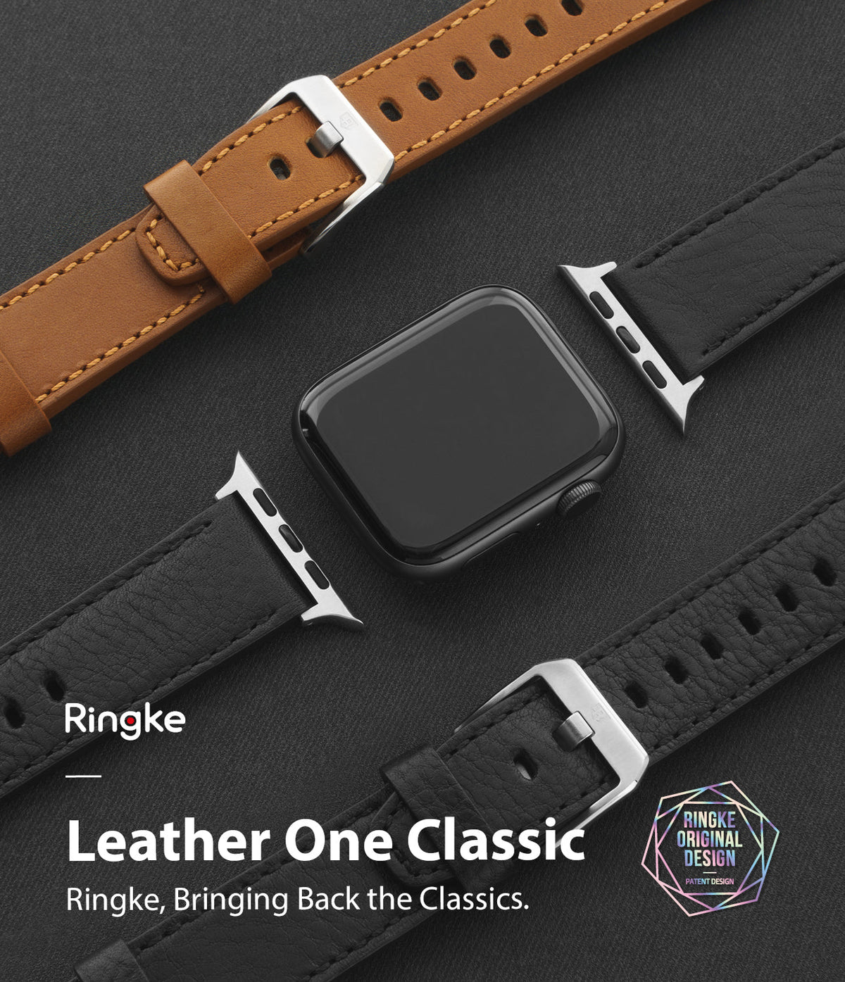 Apple Watch 49·46·45·44·42 mm | Leather One Classic Band - Black Apple Watch with tan and black leather watch straps.