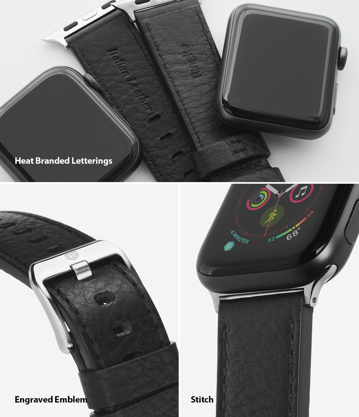 Apple Watch 42·41·40·38 mm | Leather One Classic Band - Close-ups of black leather watch band showing branding, buckle, and stitching.