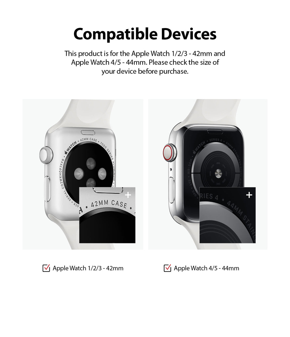 Apple Watch 42·41·40·38 mm | Leather One Classic Band - Compatibility guide showing 42mm and 44mm Apple Watch case sizes.