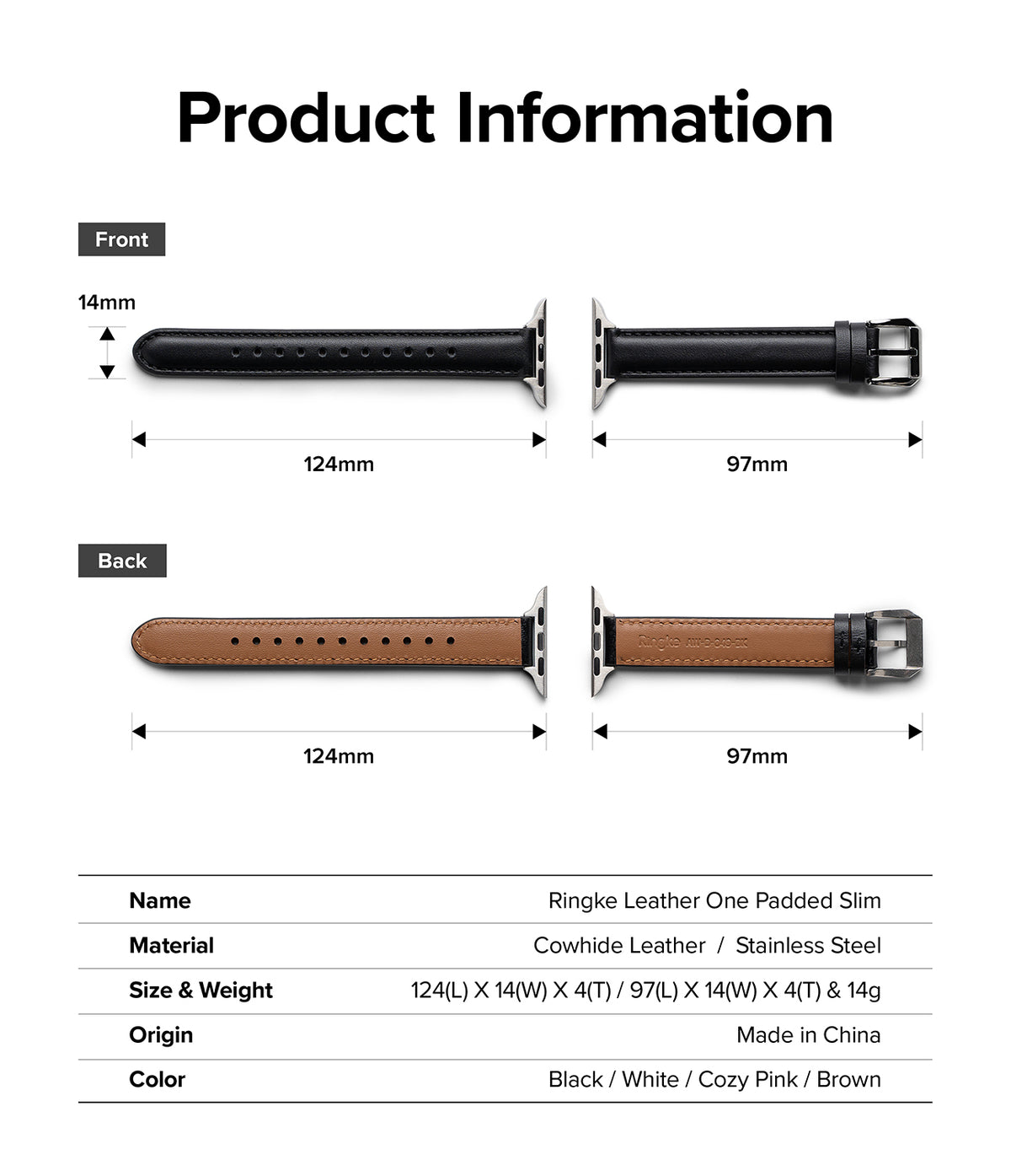 Apple Watch 42·41·40·38 mm | Leather One Padded Slim - Technical diagram showing dimensions of a black leather watch strap.