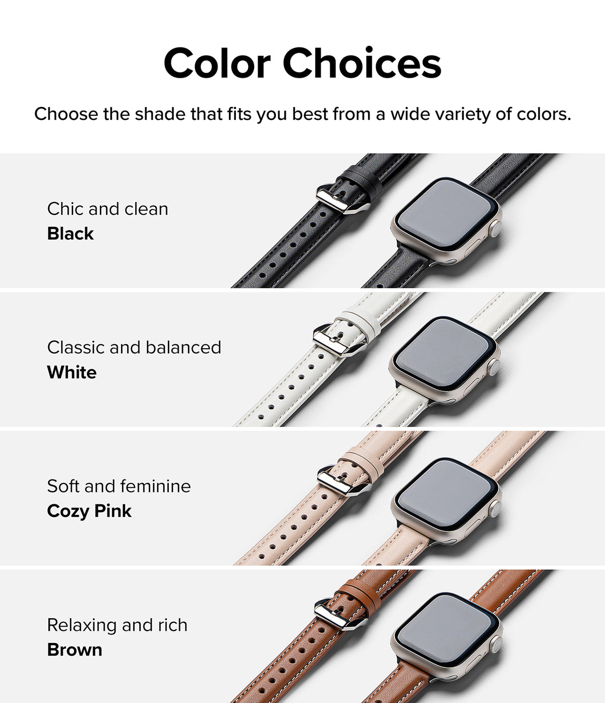 Apple Watch 42·41·40·38 mm | Leather One Padded Slim - Four Apple Watch bands in black, white, pink, and brown leather.