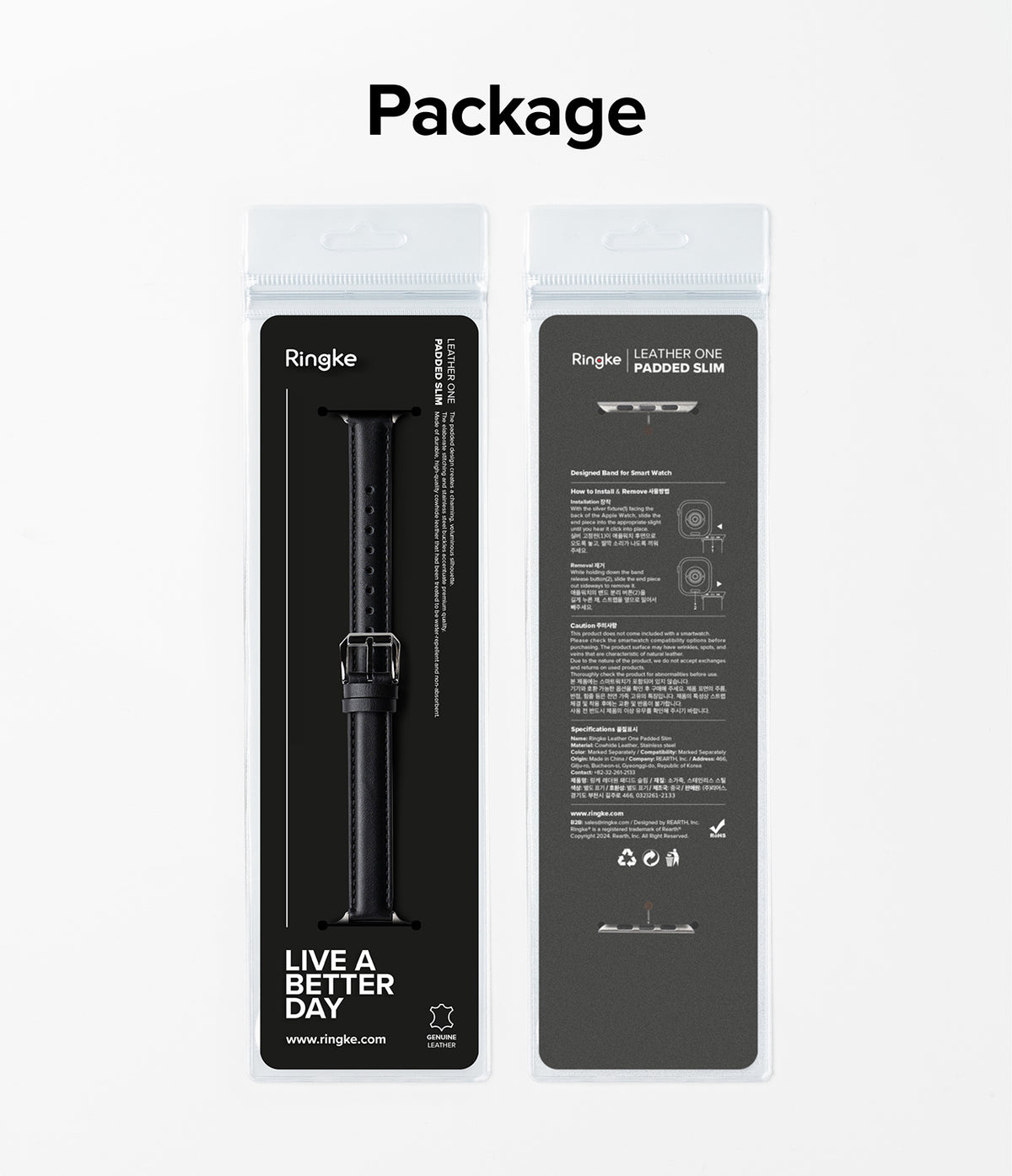 Apple Watch 42·41·40·38 mm | Leather One Padded Slim - Front and back view of retail packaging for a black leather watch band.