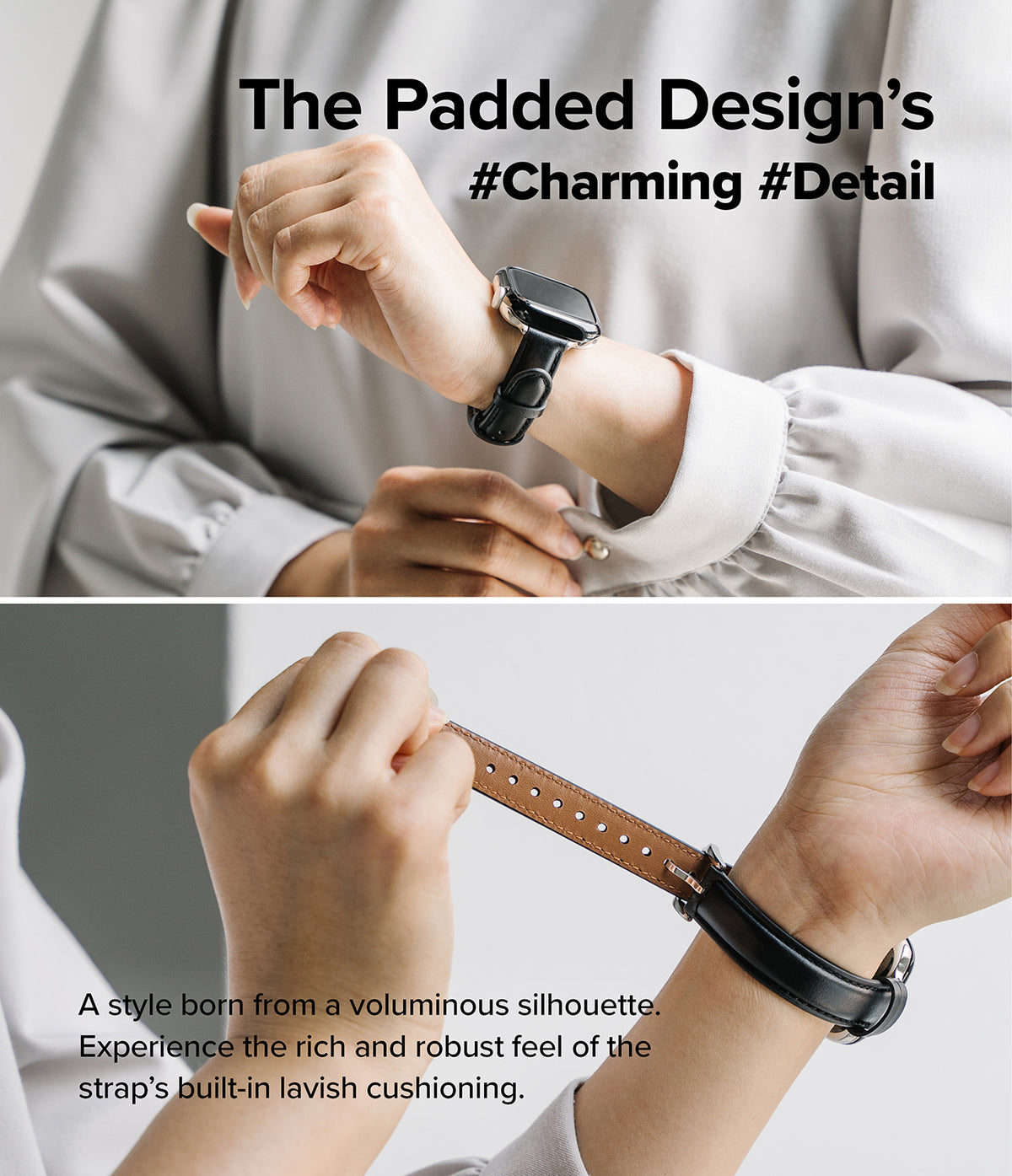 Apple Watch 42·41·40·38 mm | Leather One Padded Slim - Person wearing a black padded leather watch strap on their wrist.