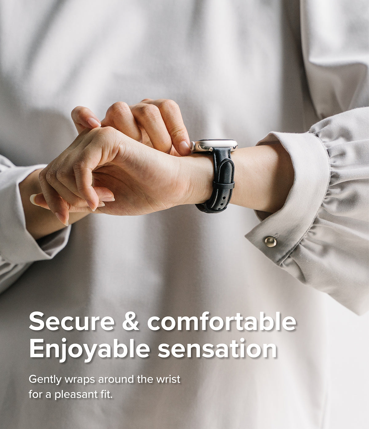 Apple Watch 42·41·40·38 mm | Leather One Padded Slim - A person wearing a slim black leather watch strap on their wrist.