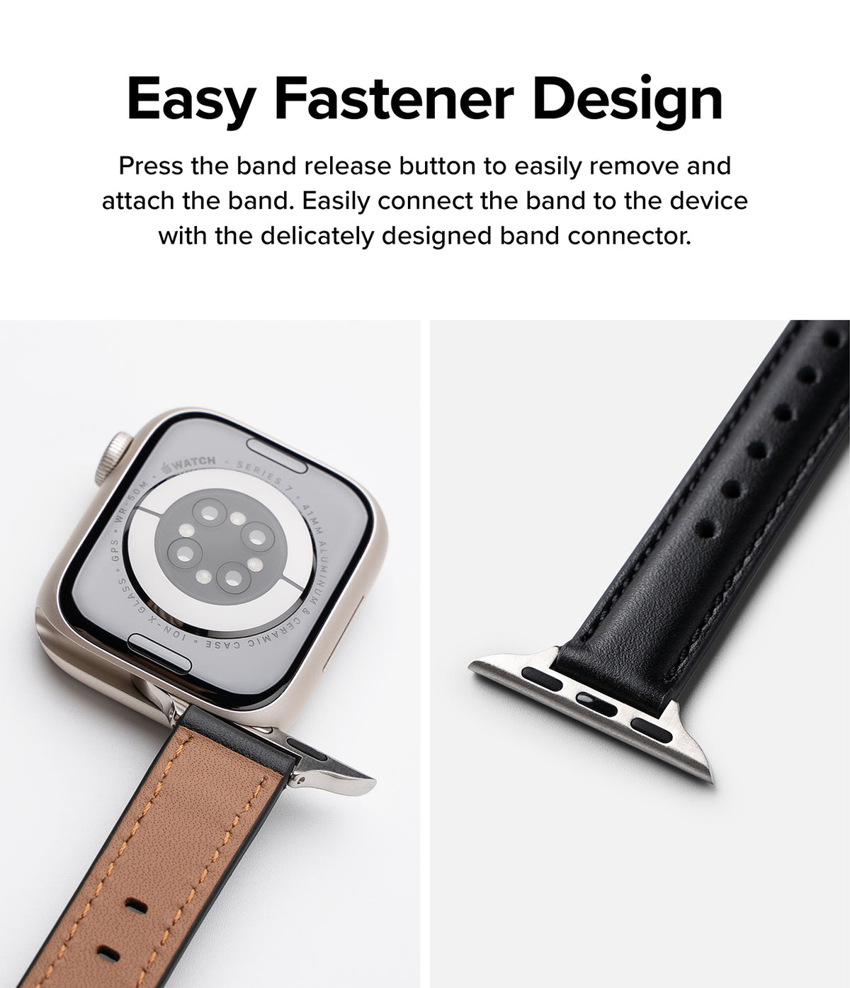 Apple Watch 42·41·40·38 mm | Leather One Padded Slim - Close-up of a black leather watch band attaching to an Apple Watch.