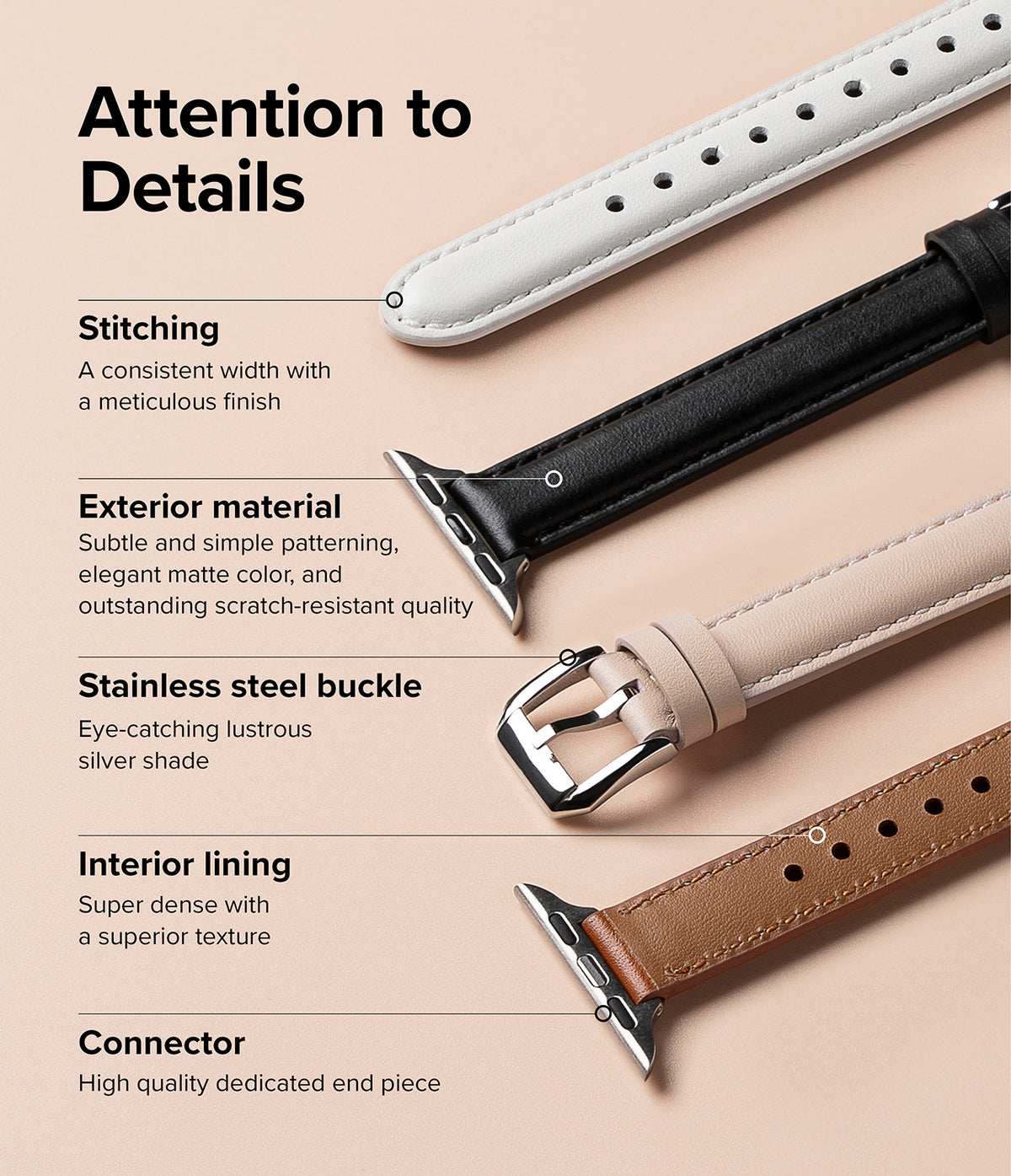 Apple Watch 42·41·40·38 mm | Leather One Padded Slim - Close-up of leather watch bands with labels for design features.
