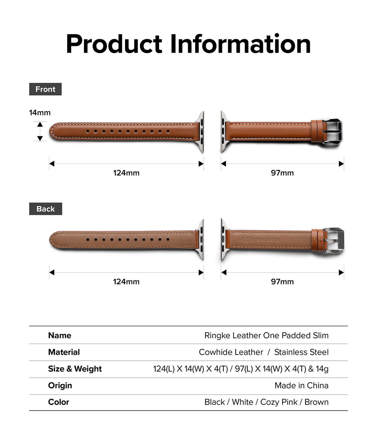 Apple Watch 42·41·40·38 mm | Leather One Padded Slim - Technical diagram showing dimensions and specs of a brown leather watch strap.