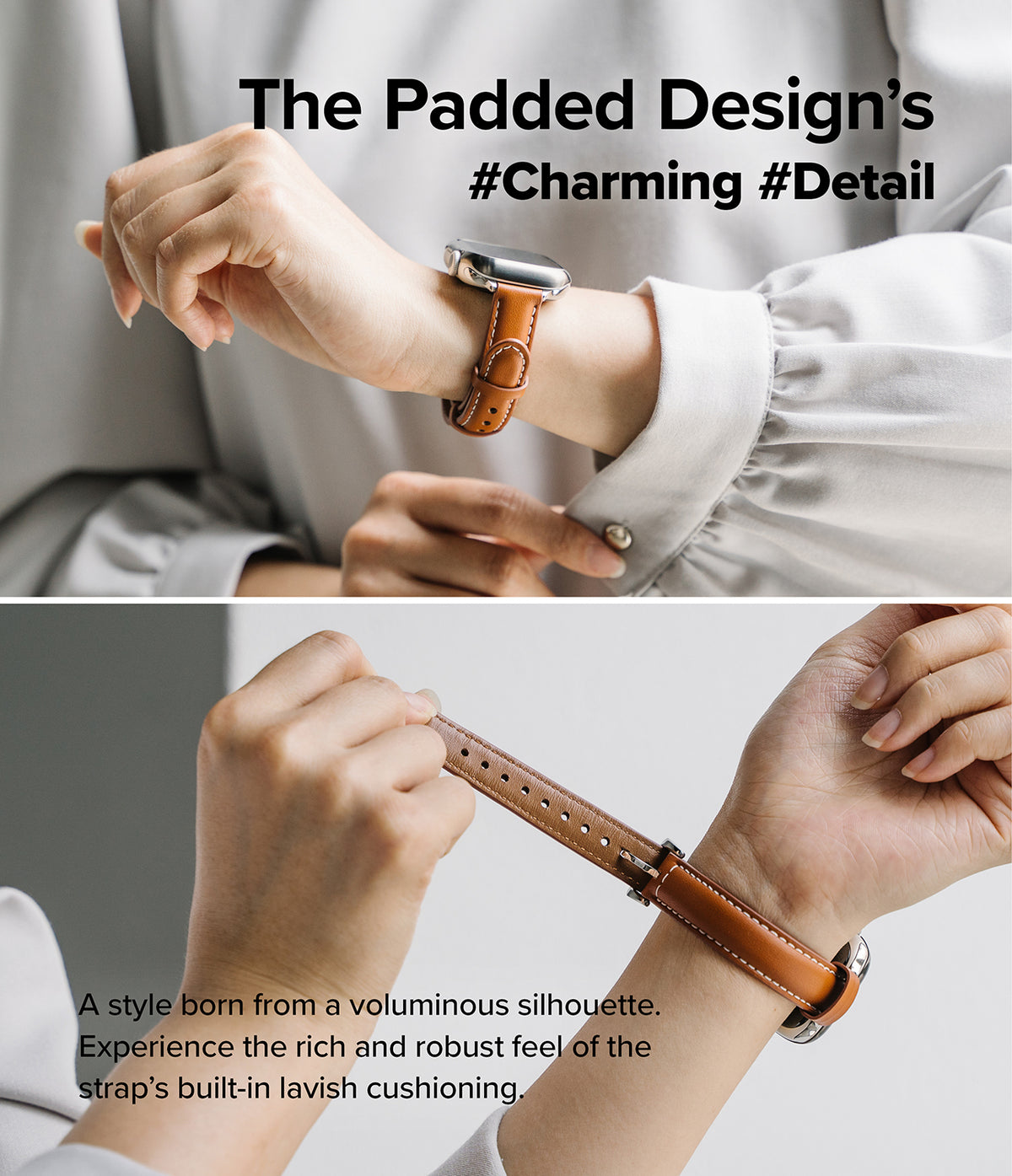 Apple Watch 42·41·40·38 mm | Leather One Padded Slim - A person wearing a slim, padded brown leather Apple Watch strap.
