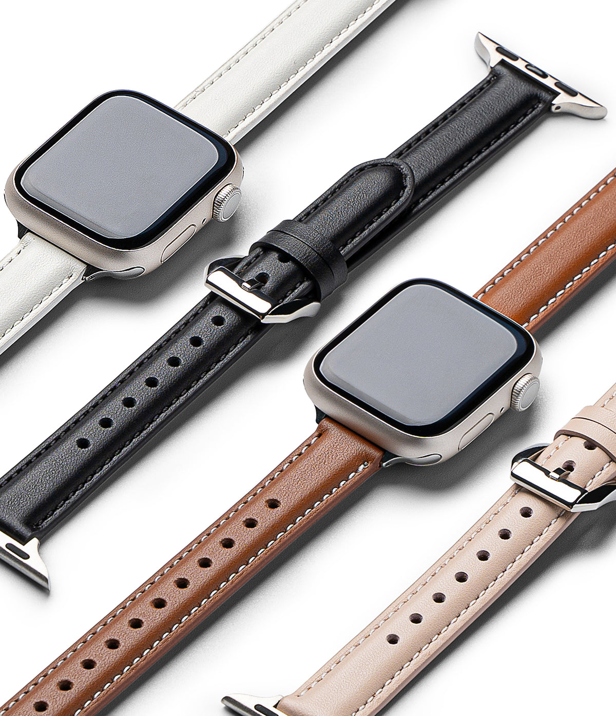 Apple Watch 42·41·40·38 mm | Leather One Padded Slim - Three Apple Watches with slim, padded leather straps in black, brown, and beige.