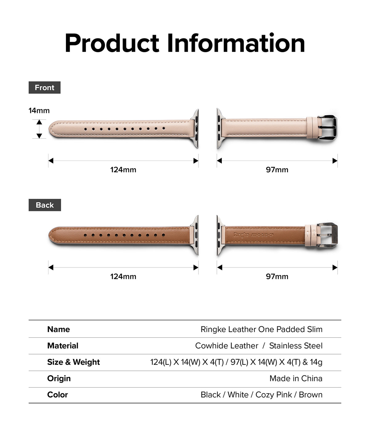 Apple Watch 42·41·40·38 mm | Leather One Padded Slim - Technical diagram showing dimensions and material of pink watch strap.