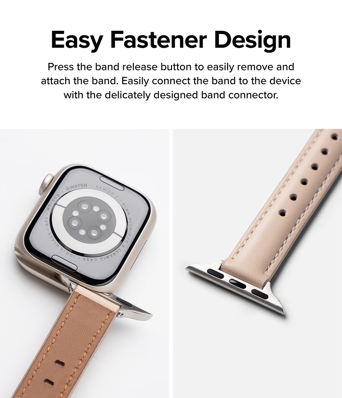 Apple Watch 42·41·40·38 mm | Leather One Padded Slim - Close-up of a beige leather watch band attaching to an Apple Watch.