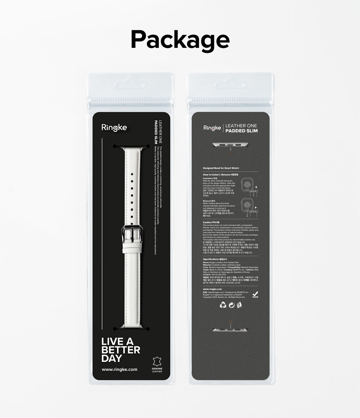 Apple Watch 42·41·40·38 mm | Leather One Padded Slim - Front and back view of white leather watch band in packaging.