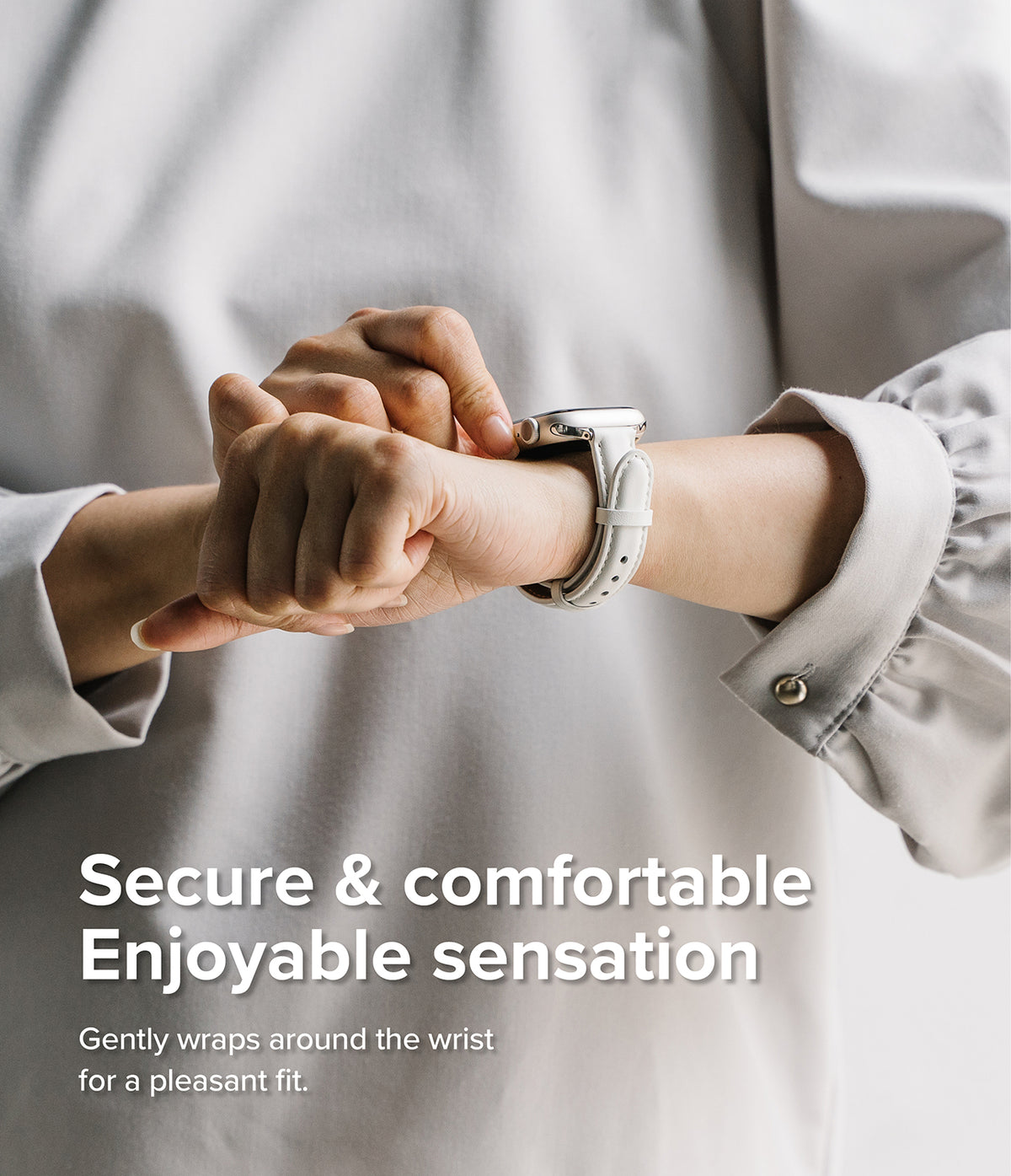 Apple Watch 42·41·40·38 mm | Leather One Padded Slim - Person wearing a white leather watch strap on an Apple Watch.