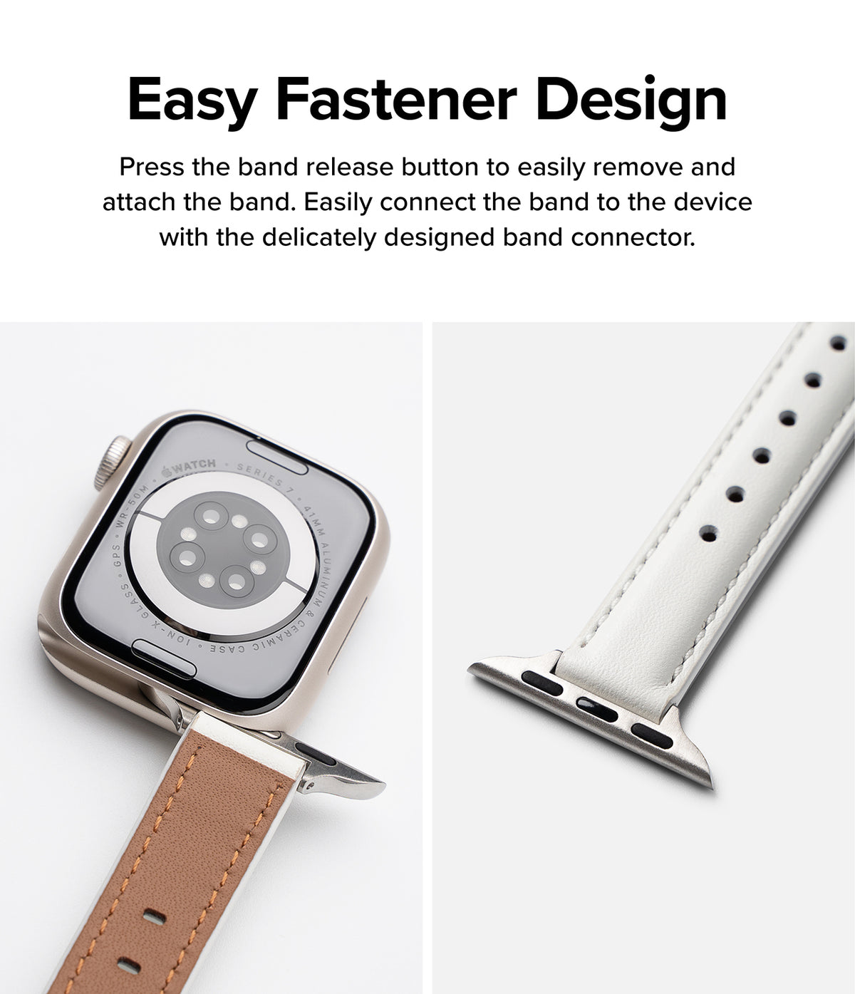 Apple Watch 42·41·40·38 mm | Leather One Padded Slim - Close-up of a white leather watch band attaching to an Apple Watch.