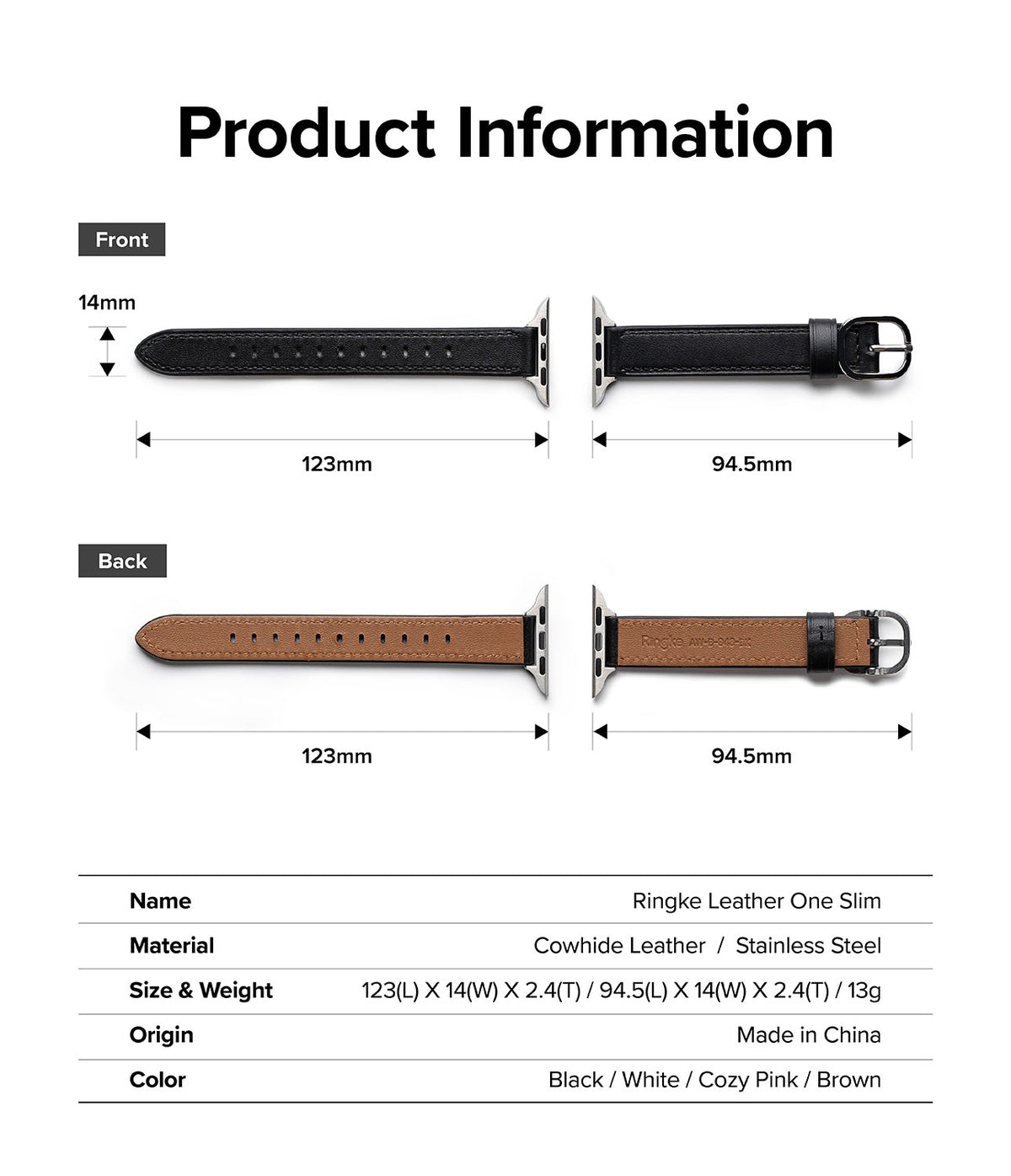 Apple Watch 42·41·40·38 mm | Leather One Slim Band - Technical diagram showing dimensions and material specs of the watch band.