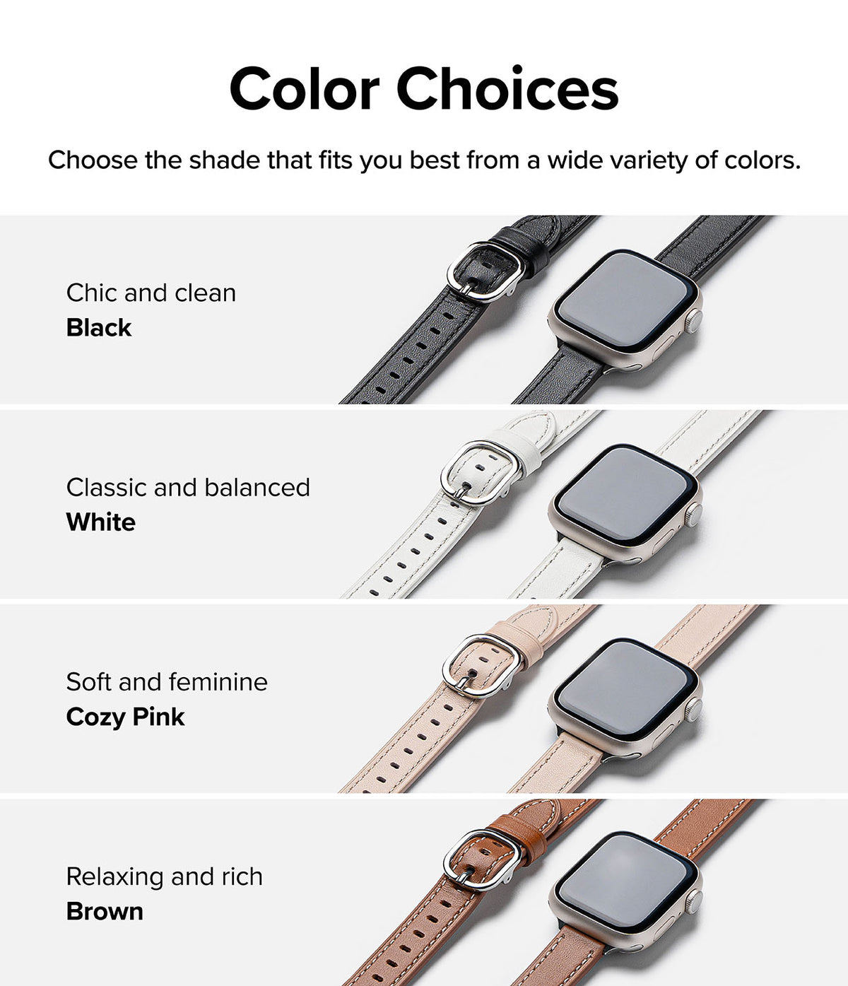 Apple Watch 42·41·40·38 mm | Leather One Slim Band - Four Apple Watches with slim leather bands in black, white, pink, and brown.