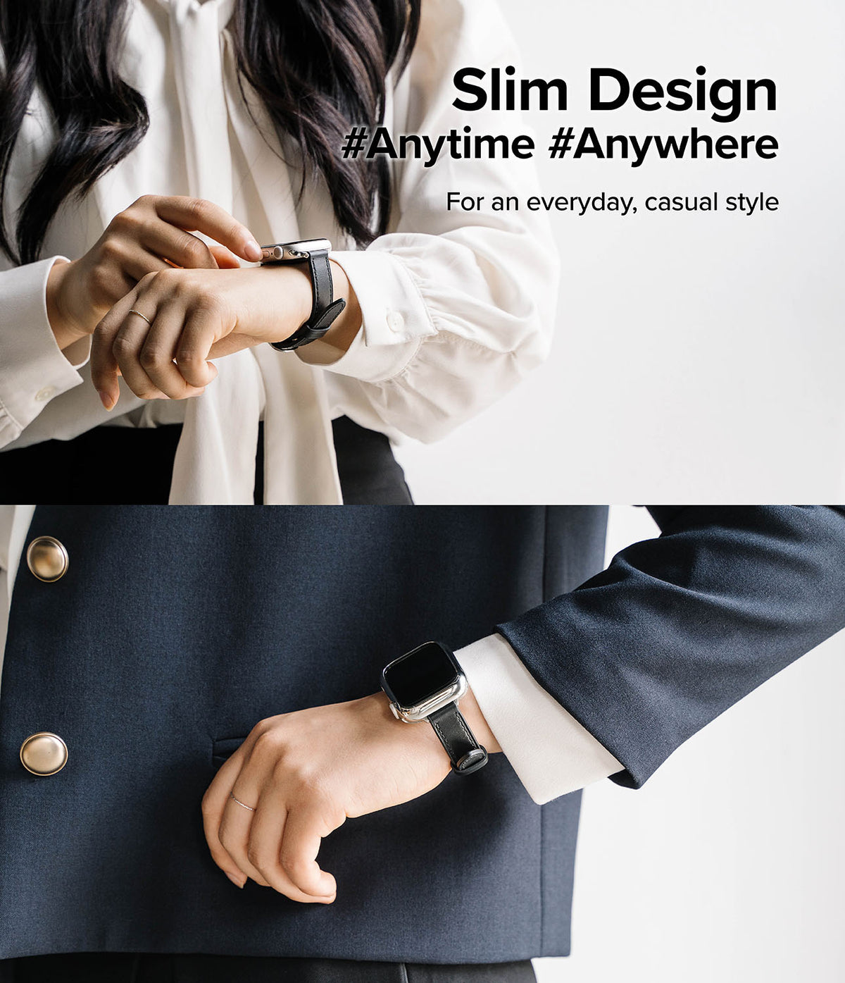 Apple Watch 42·41·40·38 mm | Leather One Slim Band - Apple Watch Leather One Slim Band - Person wearing a slim black leather watch band with a silver Apple Watch.
