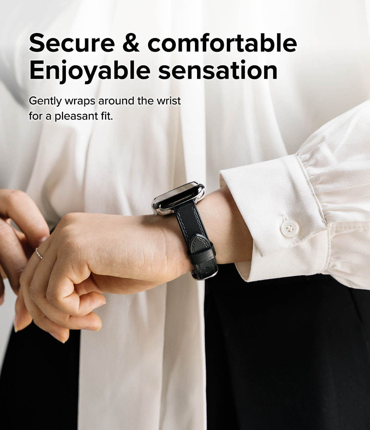 Apple Watch 42·41·40·38 mm | Leather One Slim Band - Person wearing a black slim leather watch band on their wrist.