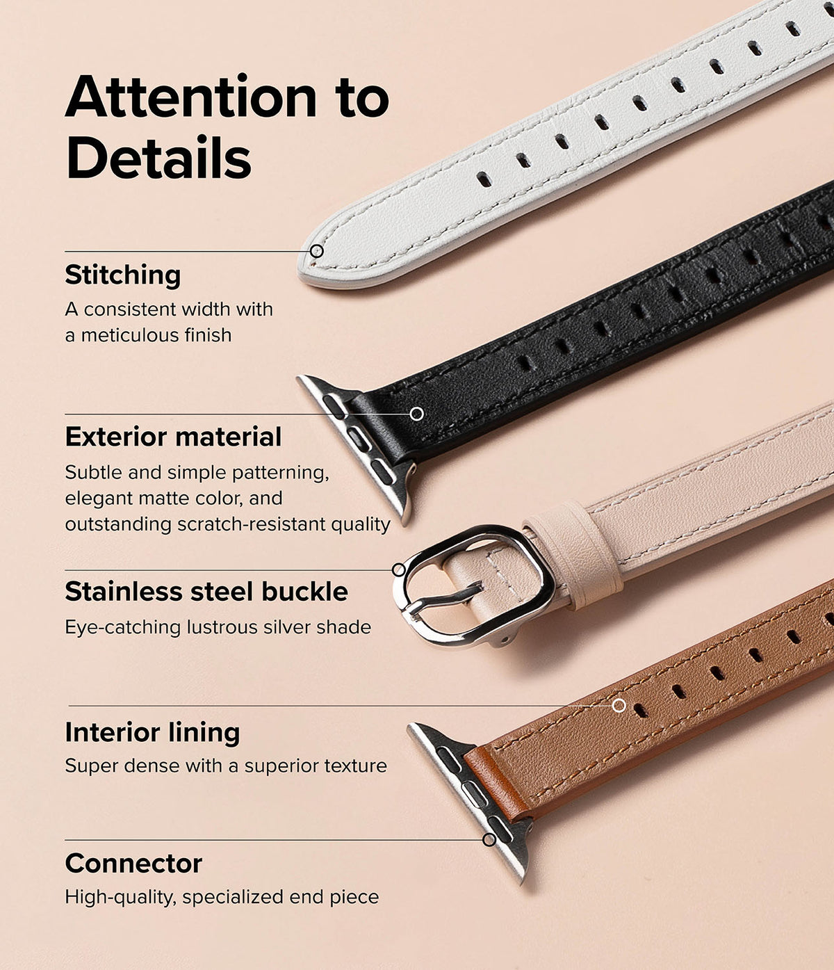Apple Watch 42·41·40·38 mm | Leather One Slim Band - Apple Watch Leather One Slim Band - Infographic highlighting leather watch strap features: stitching, material, buckle.