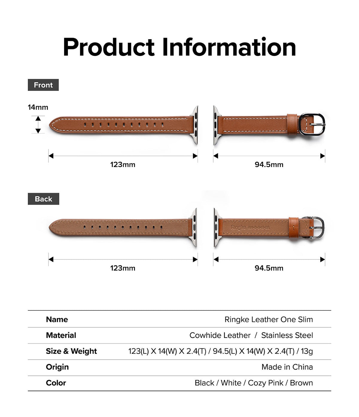 Apple Watch 42·41·40·38 mm | Leather One Slim Band - Apple Watch Leather One Slim Band - Technical diagram showing front and back views of a brown leather watch strap.