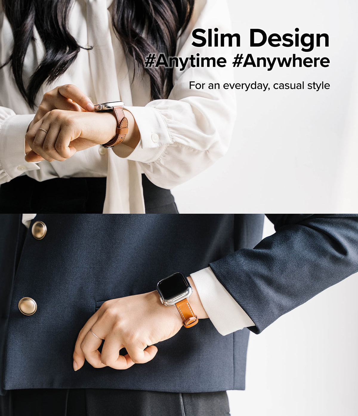 Apple Watch 42·41·40·38 mm | Leather One Slim Band - Person wearing a slim brown leather Apple Watch band.