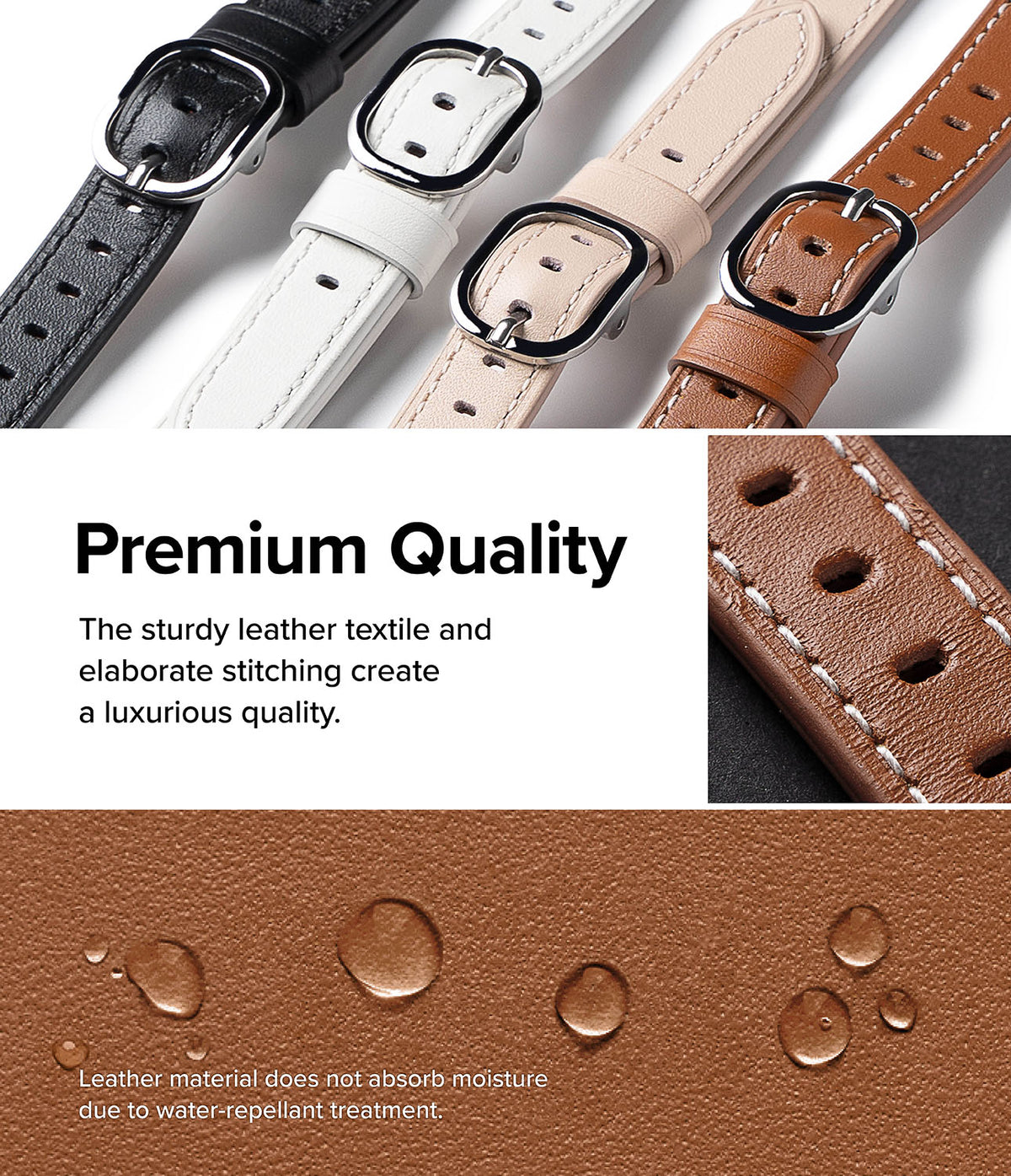 Apple Watch 42·41·40·38 mm | Leather One Slim Band - Apple Watch Leather One Slim Band - Four leather watch straps in black, white, beige, and brown with water-repellent texture.