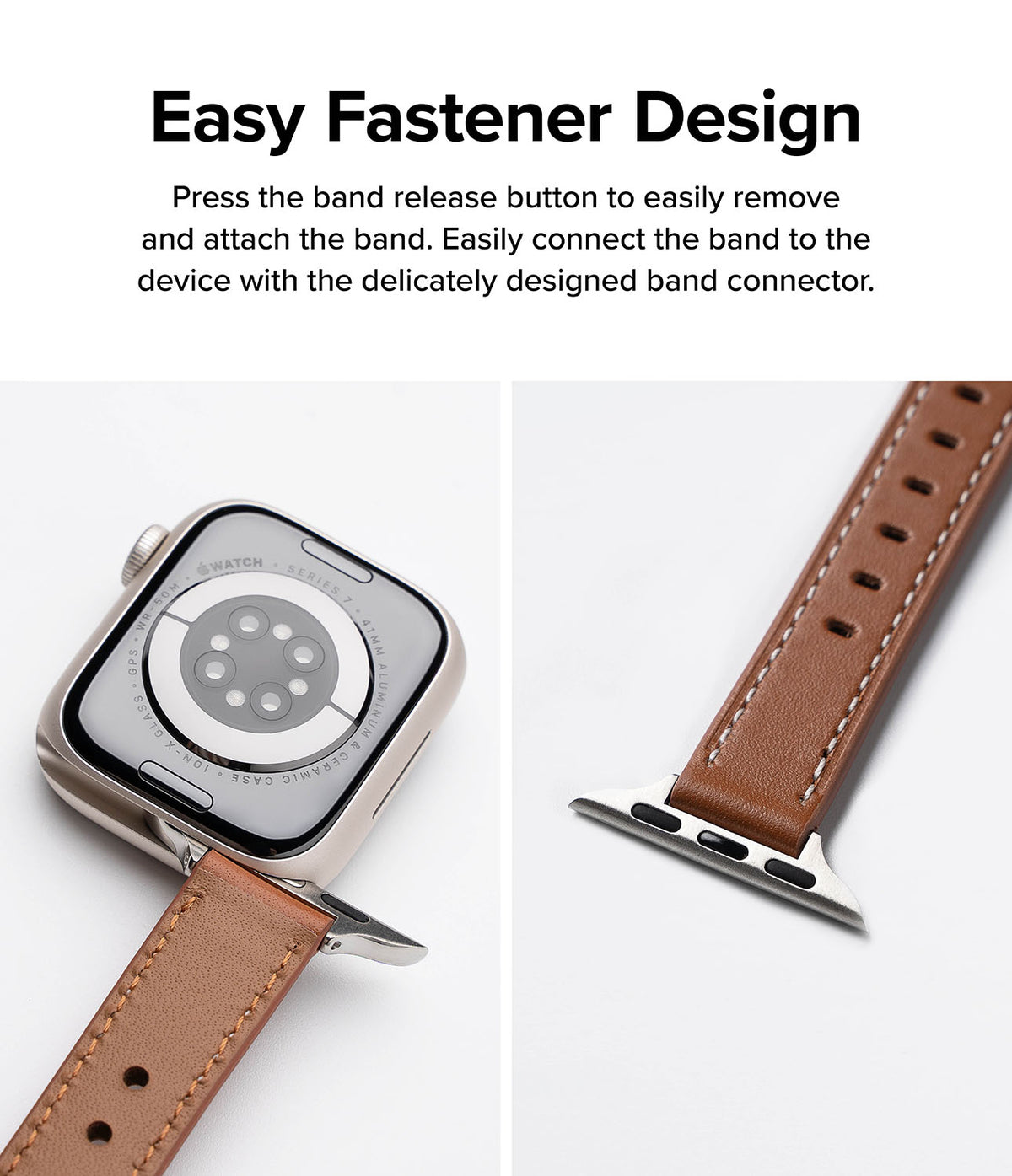 Apple Watch 42·41·40·38 mm | Leather One Slim Band - Two close-up views showing a brown leather watch band connector.