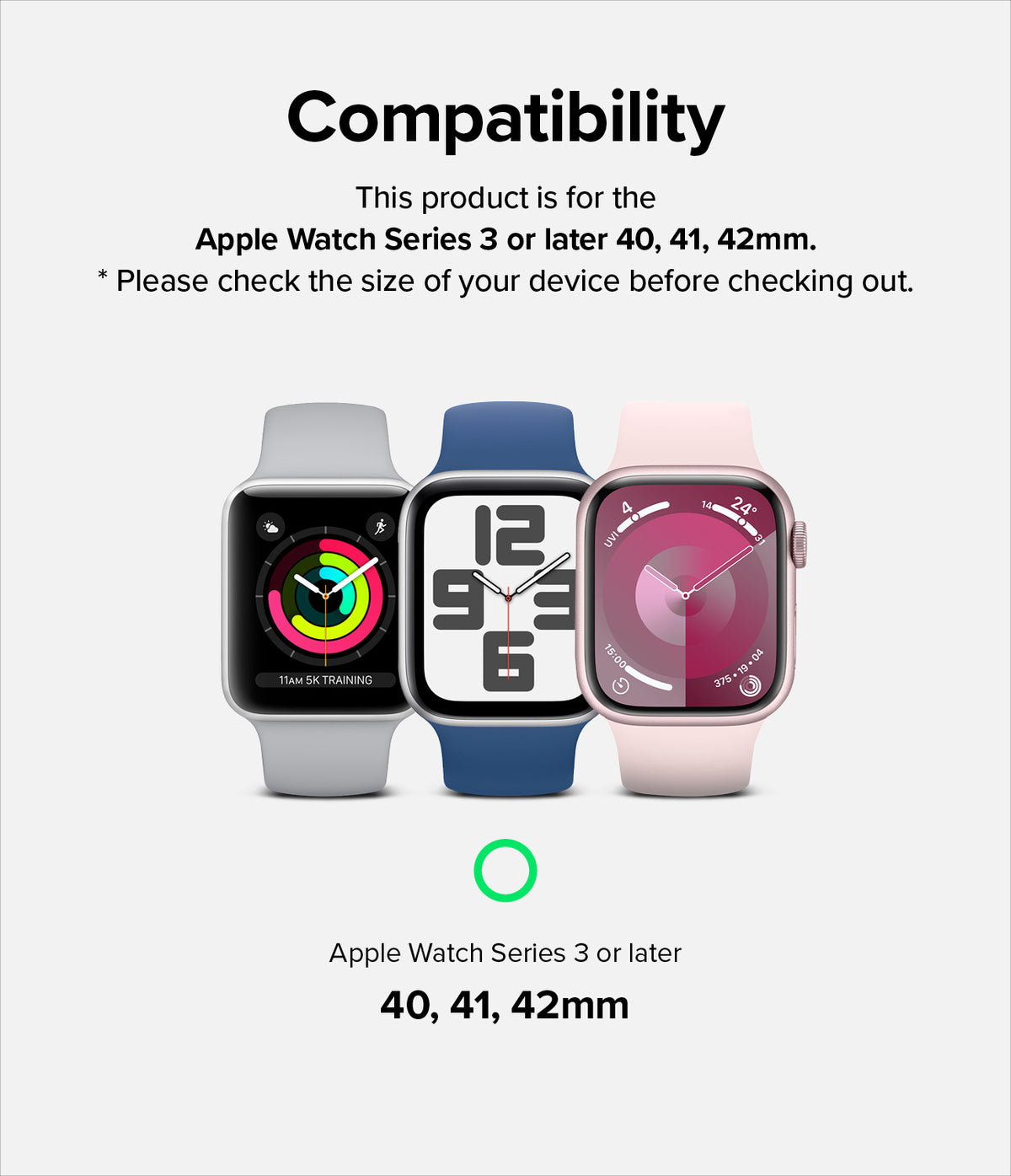 Apple Watch 42·41·40·38 mm | Leather One Slim Band - Three Apple Watches in gray, blue, and pink showing size compatibility.