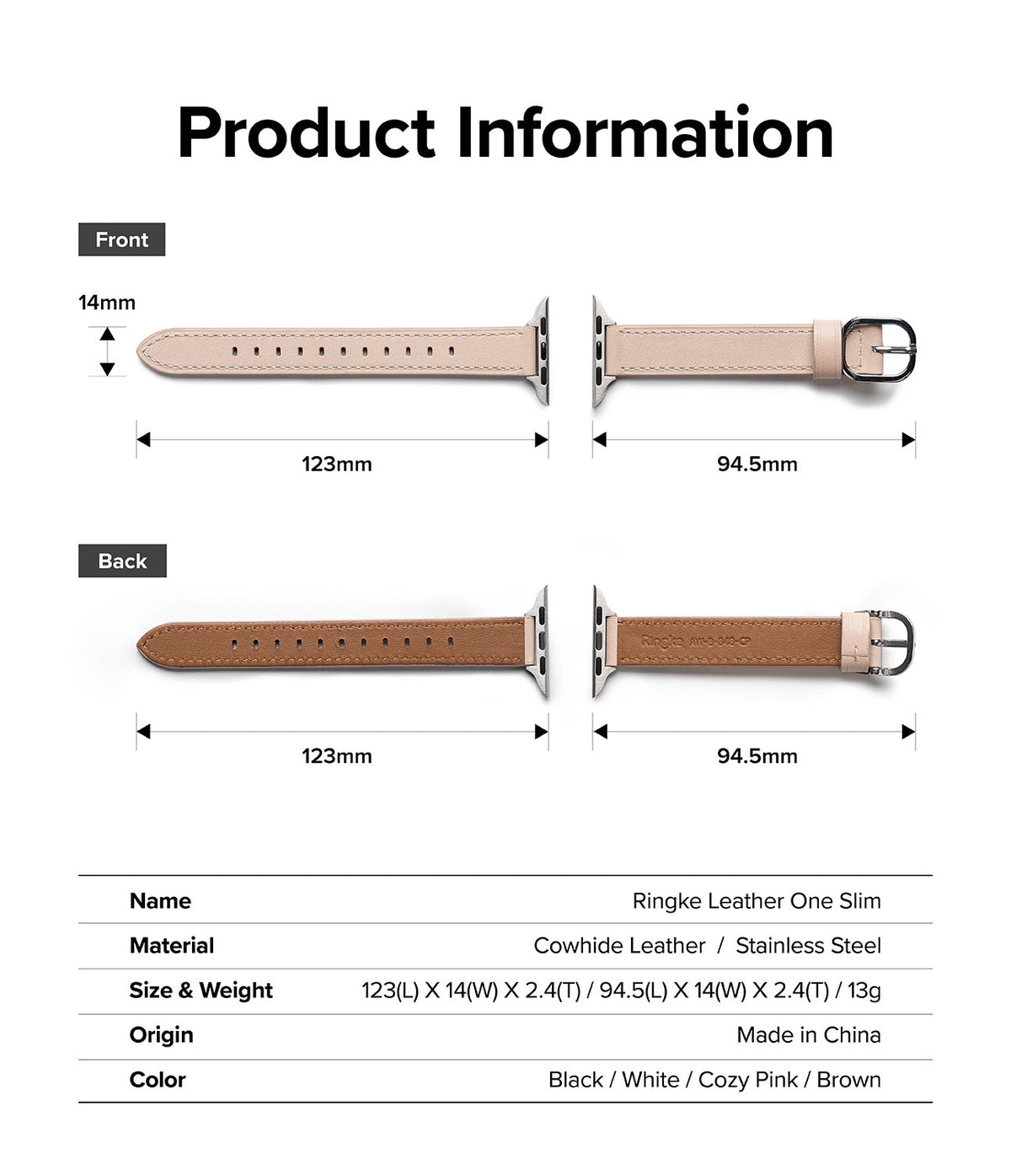 Apple Watch 42·41·40·38 mm | Leather One Slim Band - Technical diagram showing dimensions and materials of the watch strap.