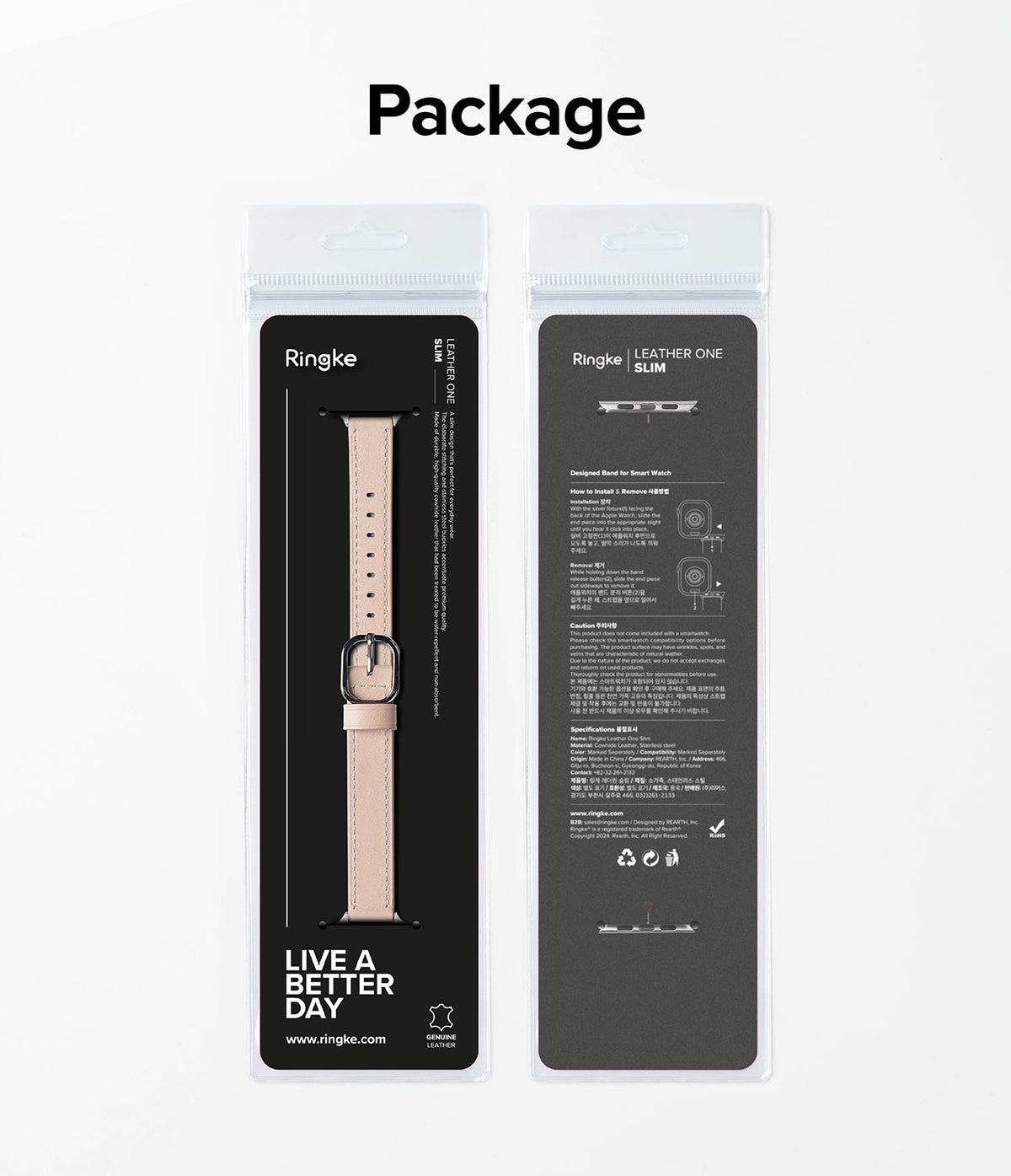 Apple Watch 42·41·40·38 mm | Leather One Slim Band - Front and back view of a pink leather watch band in packaging.