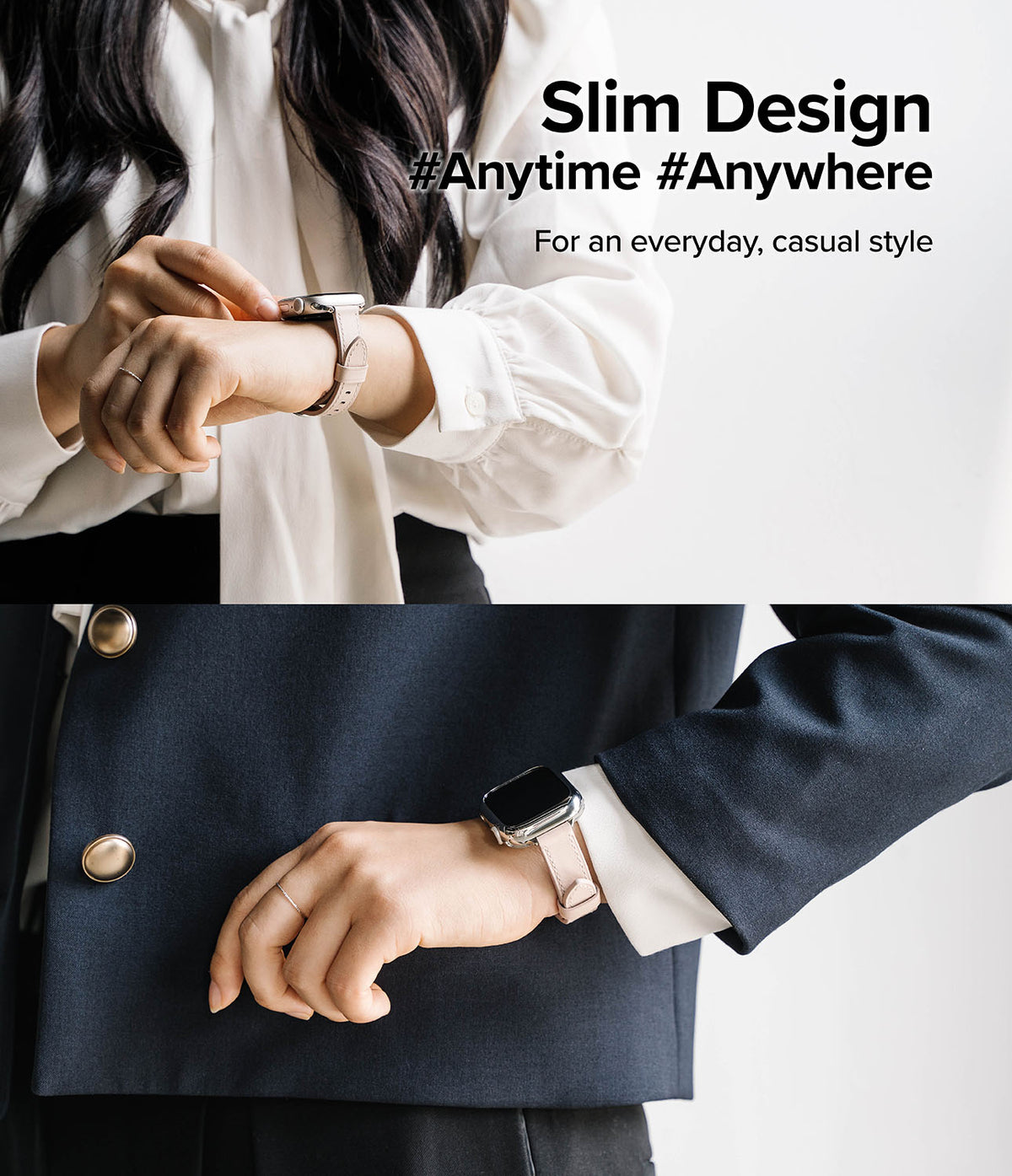 Apple Watch 42·41·40·38 mm | Leather One Slim Band - Person wearing a slim, light pink leather Apple Watch band.