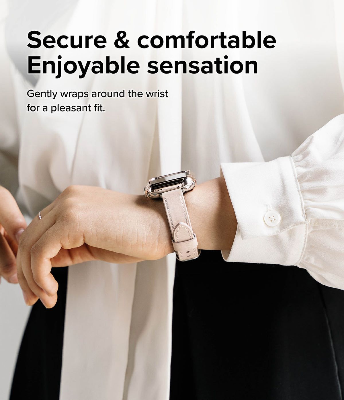 Apple Watch 42·41·40·38 mm | Leather One Slim Band - A slim, light pink leather watch band worn on a wrist.
