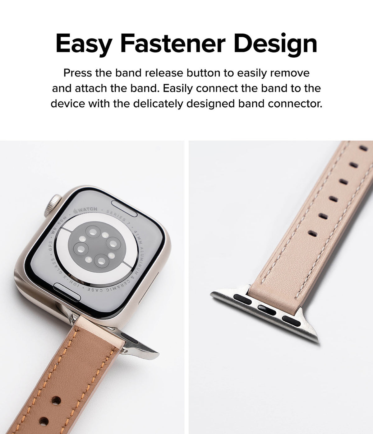 Apple Watch 42·41·40·38 mm | Leather One Slim Band - Close-up of a slim beige leather watch band attaching to an Apple Watch.
