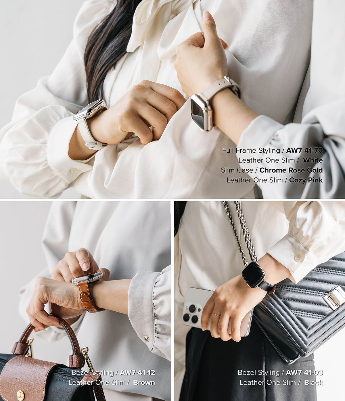 Apple Watch 42·41·40·38 mm | Leather One Slim Band - Three views of Apple Watches with slim leather bands in white, pink, brown, and black.