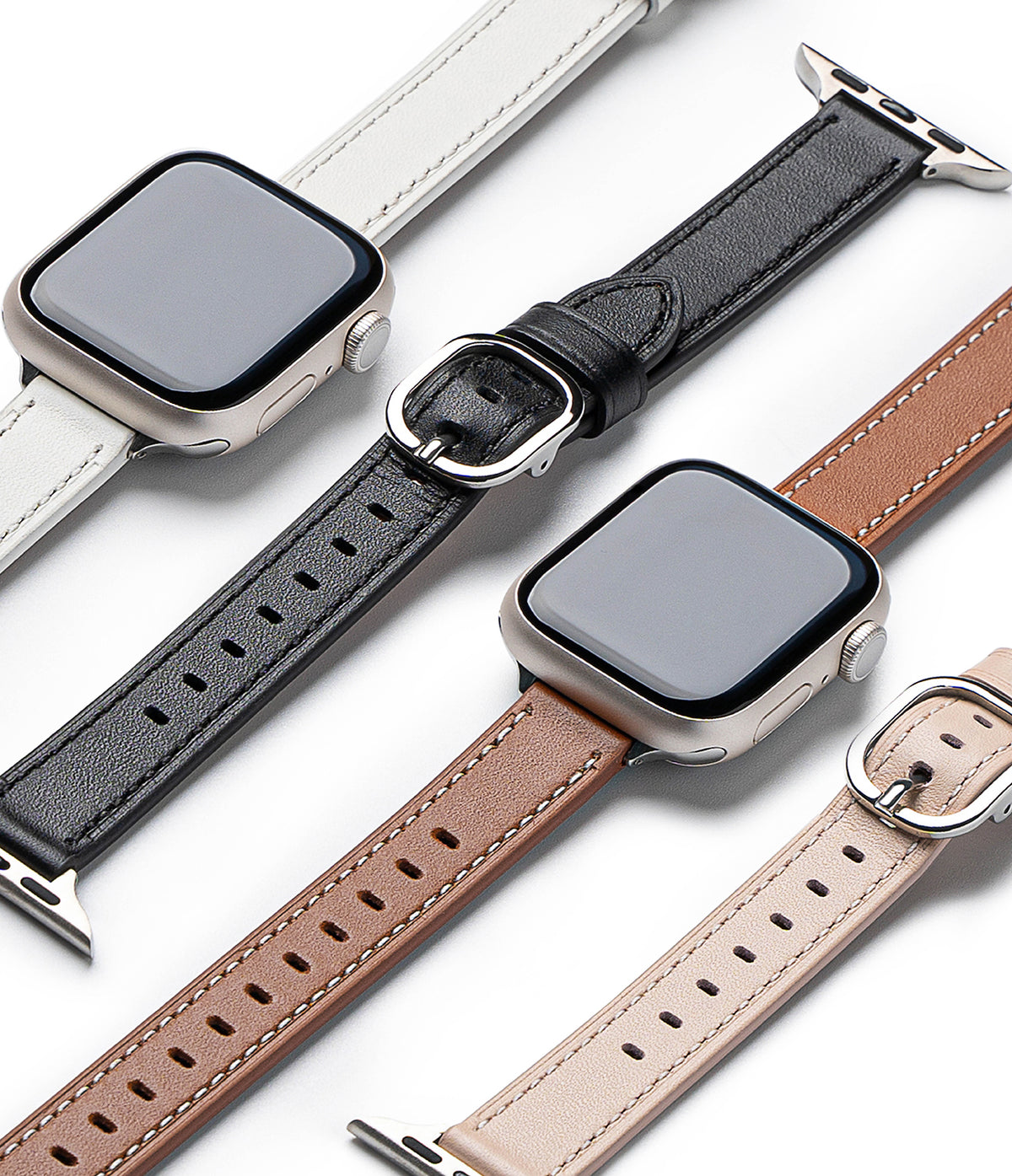 Apple Watch 42·41·40·38 mm | Leather One Slim Band - Four slim leather Apple Watch bands in white, black, brown, and beige.