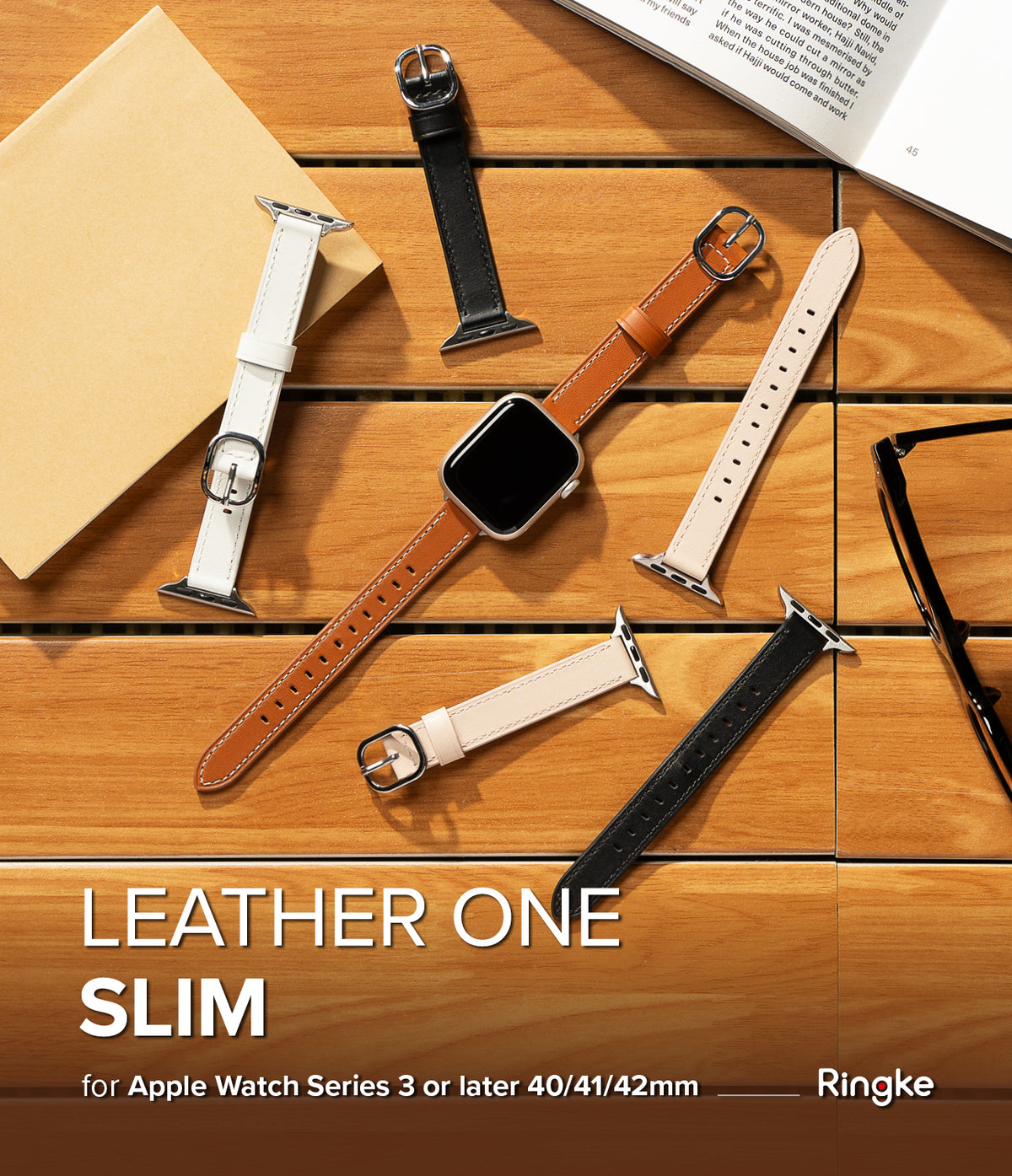 Apple Watch 42·41·40·38 mm | Leather One Slim Band - Apple Watch Leather One Slim Band - An Apple Watch with a tan leather strap surrounded by various colored bands.
