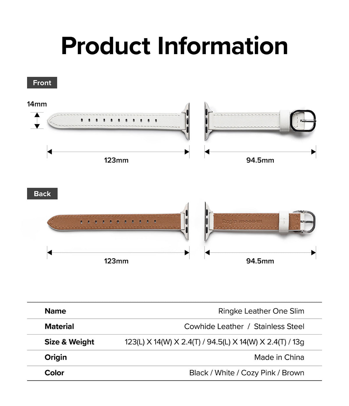 Apple Watch 42·41·40·38 mm | Leather One Slim Band - Apple Watch Leather One Slim Band - Technical diagram showing dimensions and front/back views of a white leather watch strap.