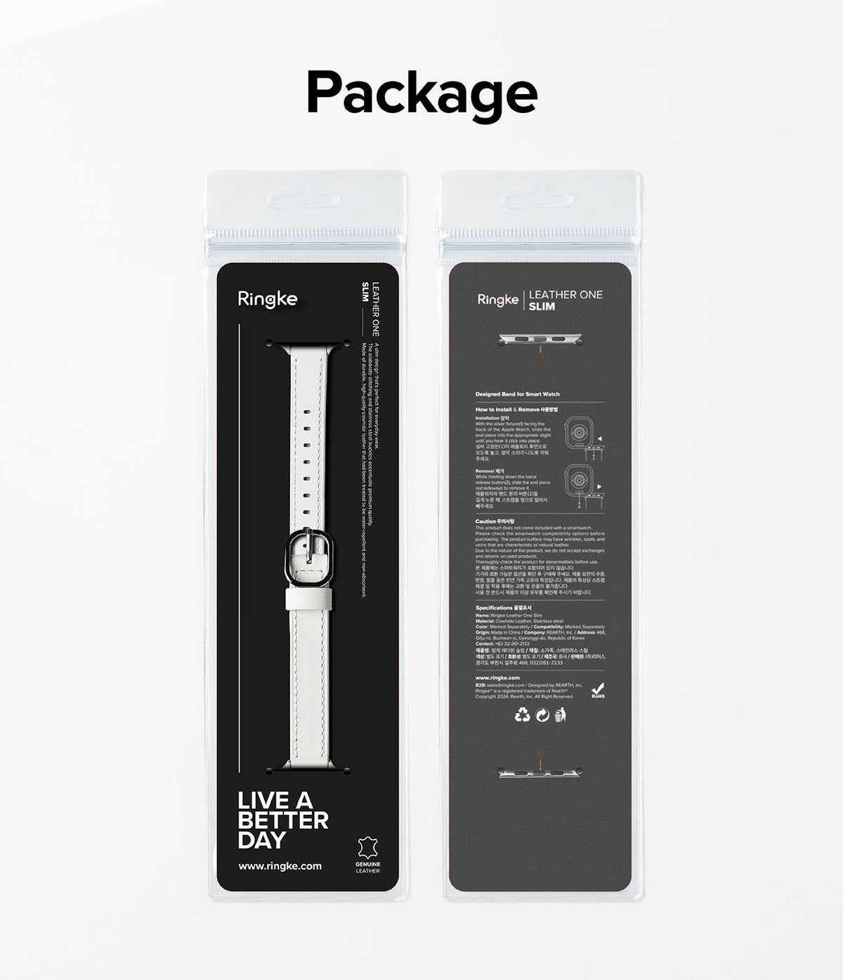 Apple Watch 42·41·40·38 mm | Leather One Slim Band - Front and back view of white leather watch band in retail packaging.