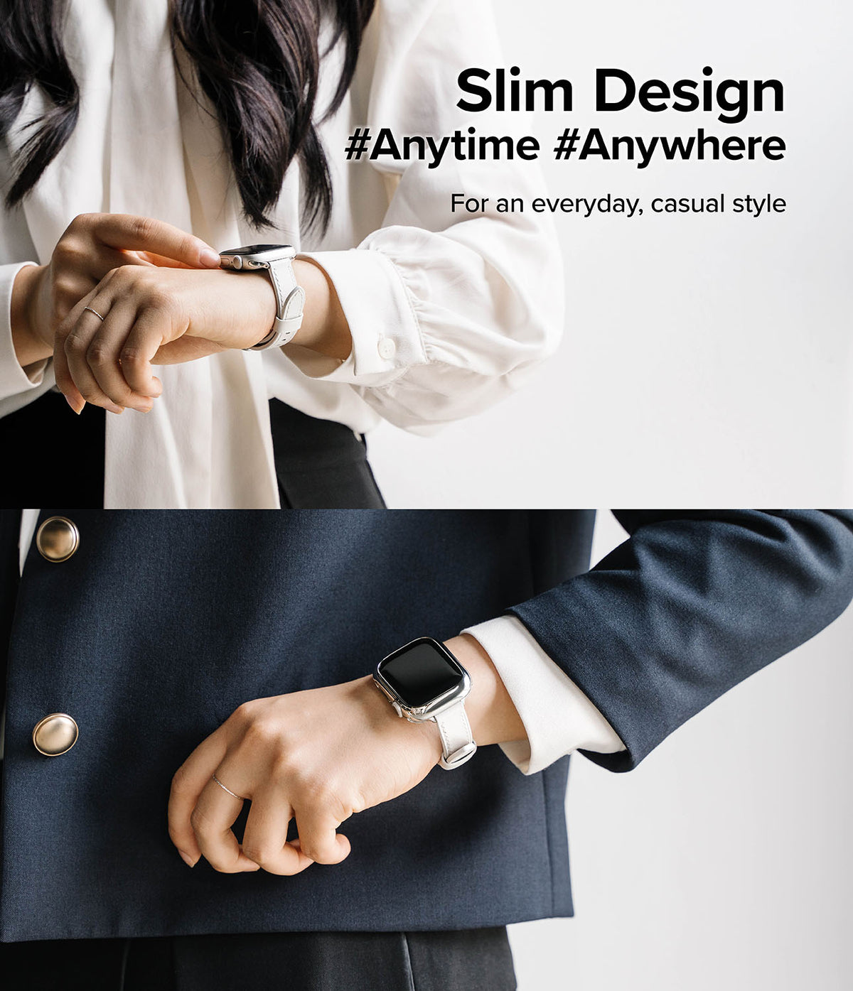 Apple Watch 42·41·40·38 mm | Leather One Slim Band - Two views of a person wearing a slim white leather Apple Watch band.