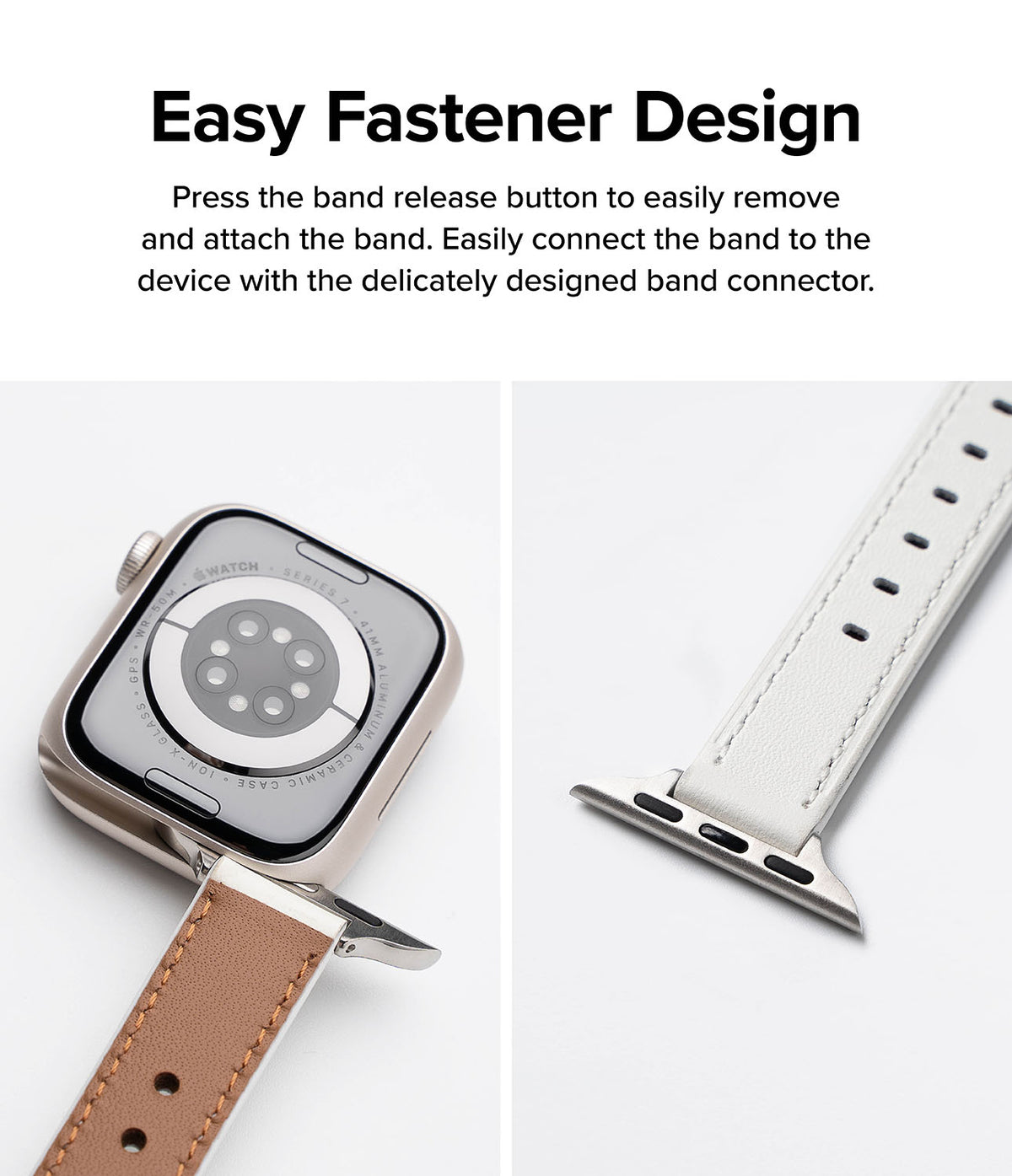 Apple Watch 42·41·40·38 mm | Leather One Slim Band - Two close-ups showing the easy-attach metal connector on a watch band.